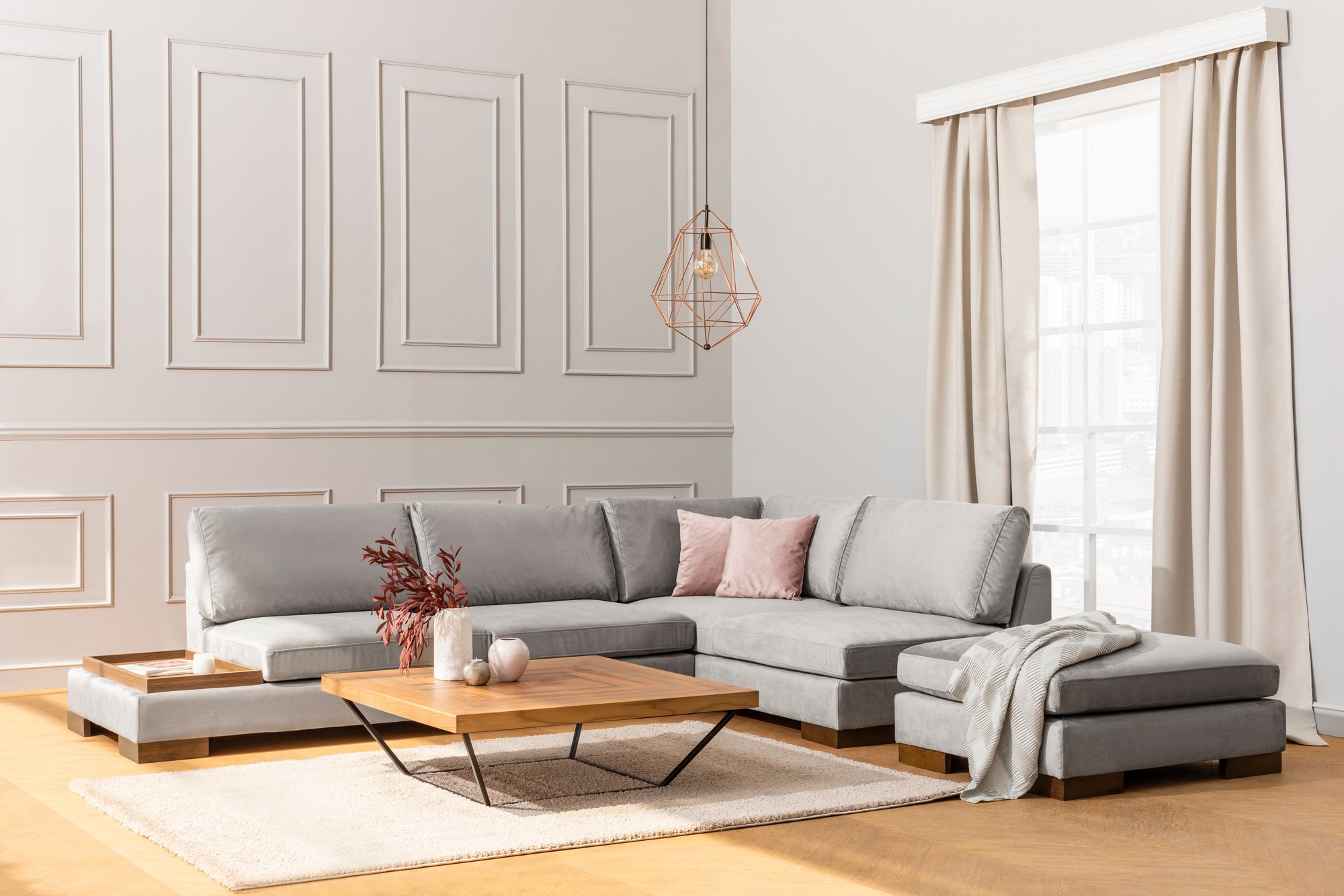 Tulip Corner Sofa Right with Footstool Light Grey