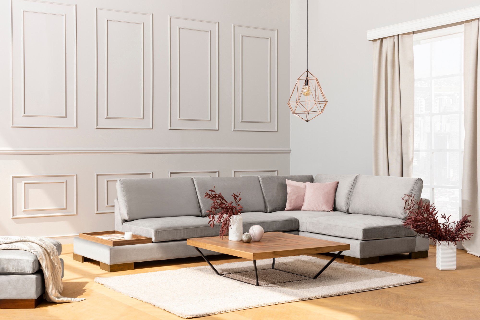 Tulip Corner Sofa Right with Footstool Light Grey