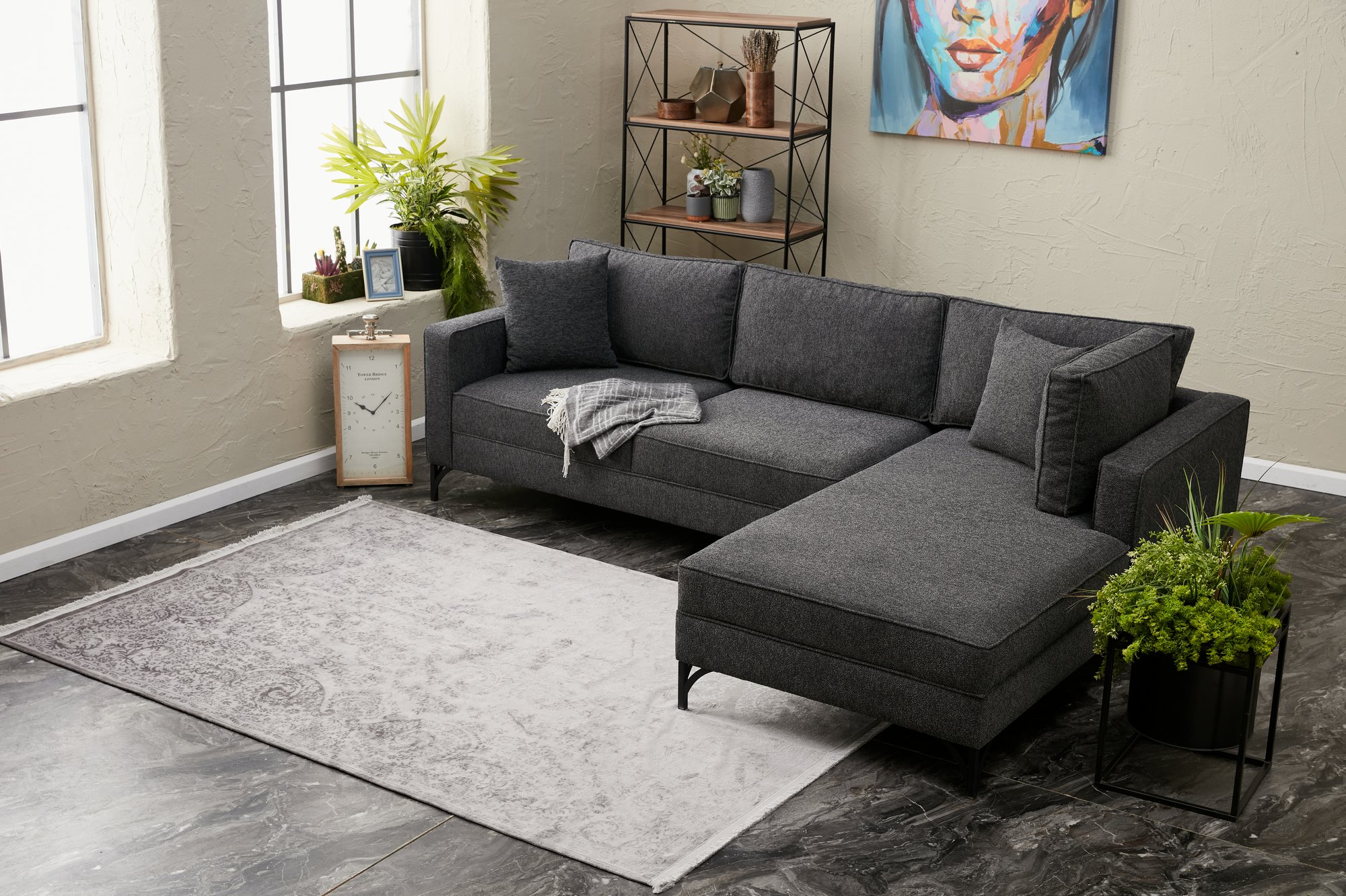 Lima Sofa Récamiere Rechts Anthrazit mit goldenen Beinen