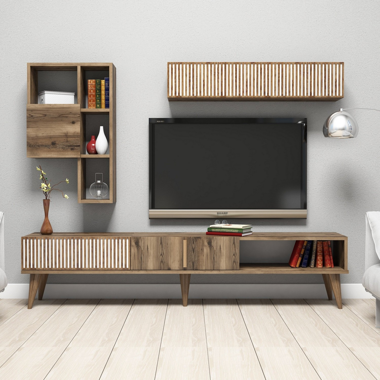 Milan lowboard with wall shelf walnut brown