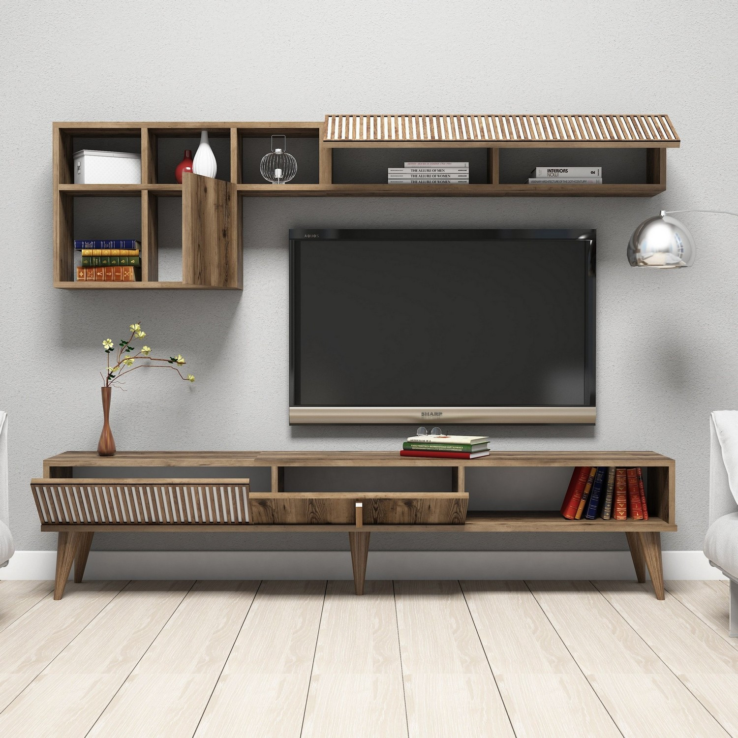 Milan lowboard with wall shelf walnut brown