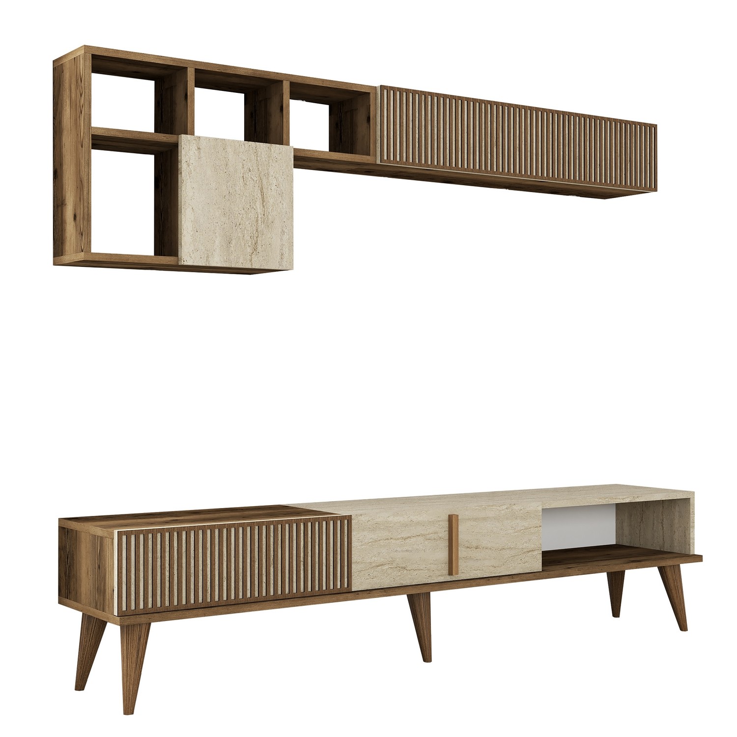 Milan lowboard with wall shelf walnut brown cream