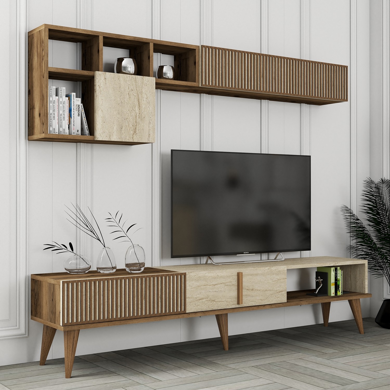Milan lowboard with wall shelf walnut brown cream