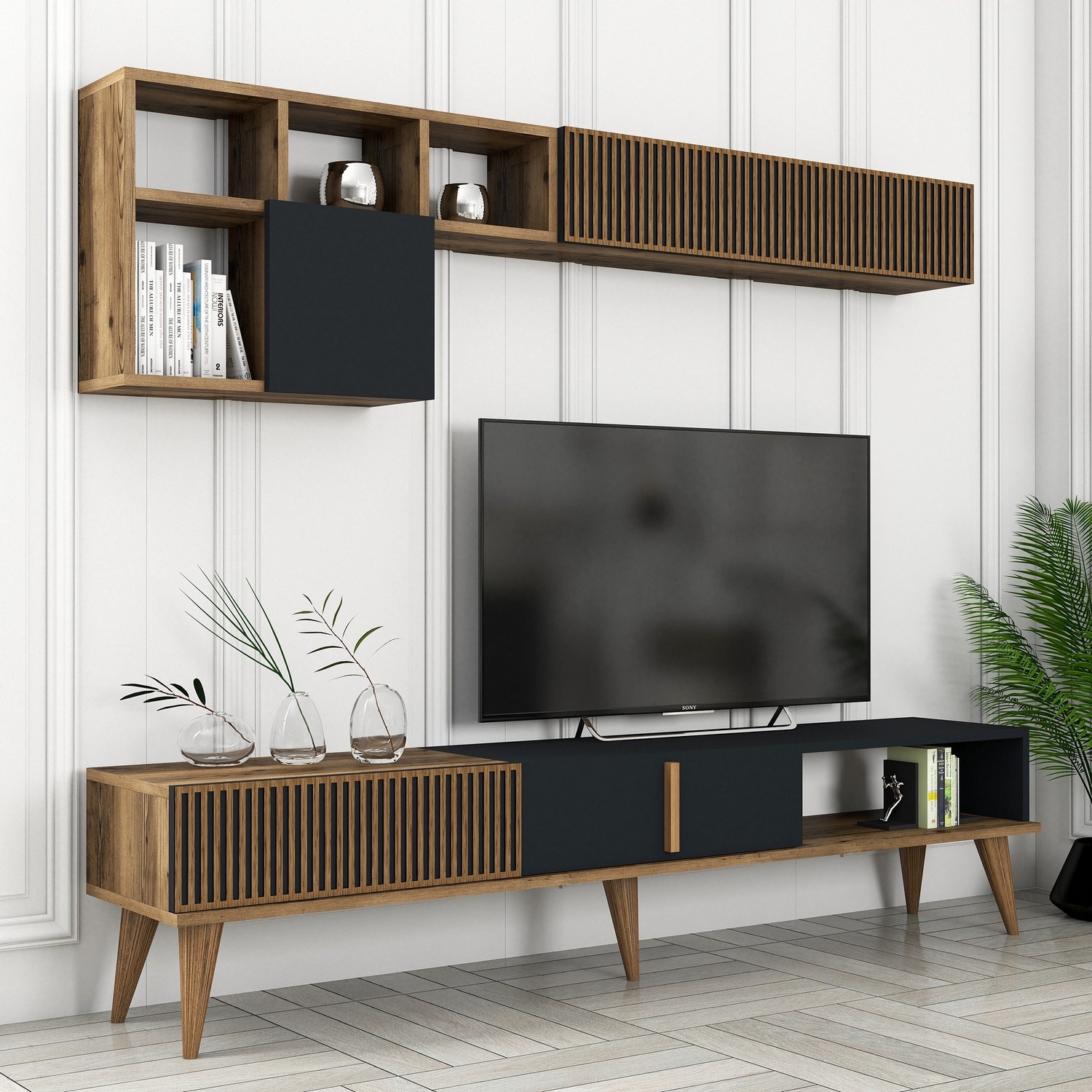 Milan Lowboard with Wall Shelf Walnut Brown Anthracite