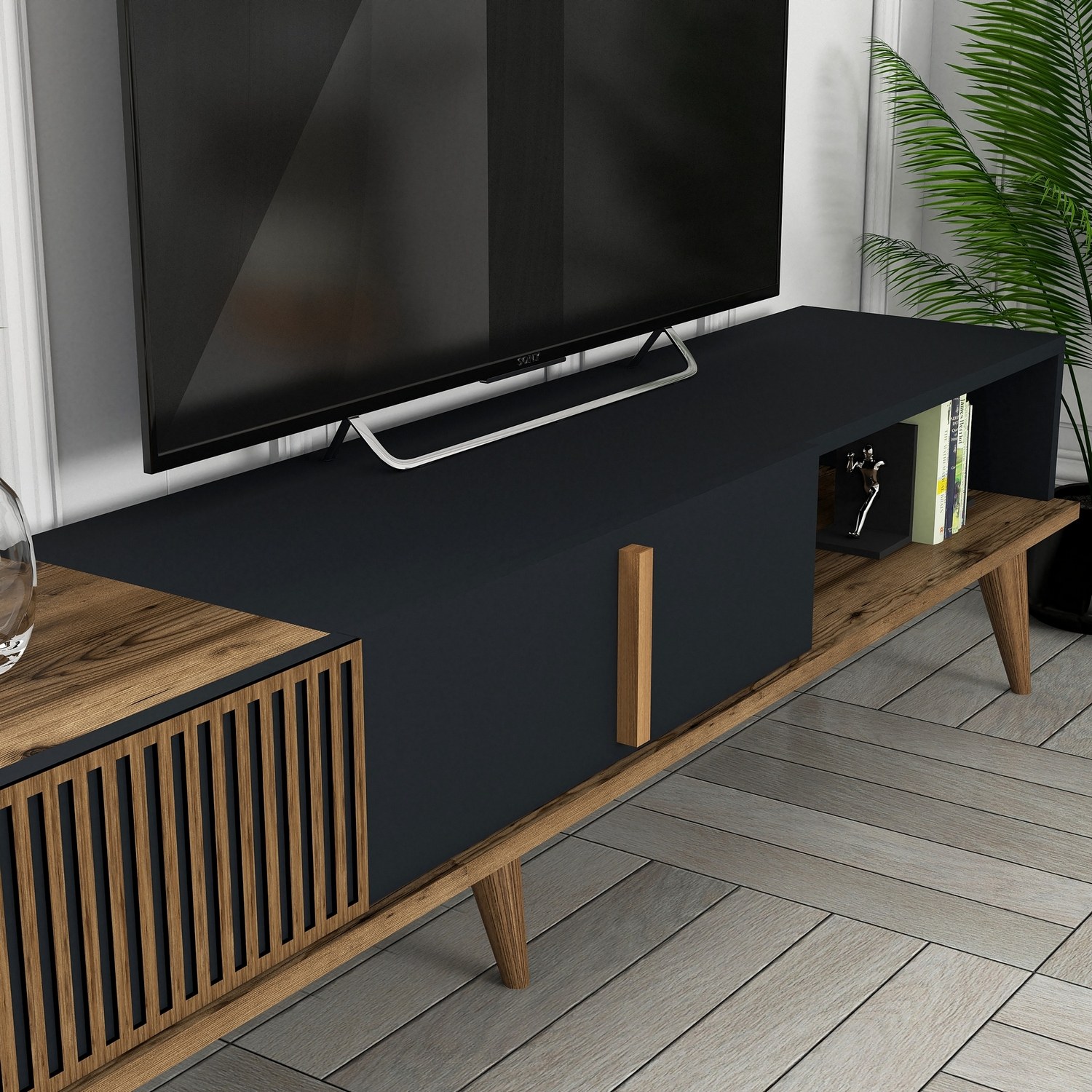Milan Lowboard with Wall Shelf Walnut Brown Anthracite