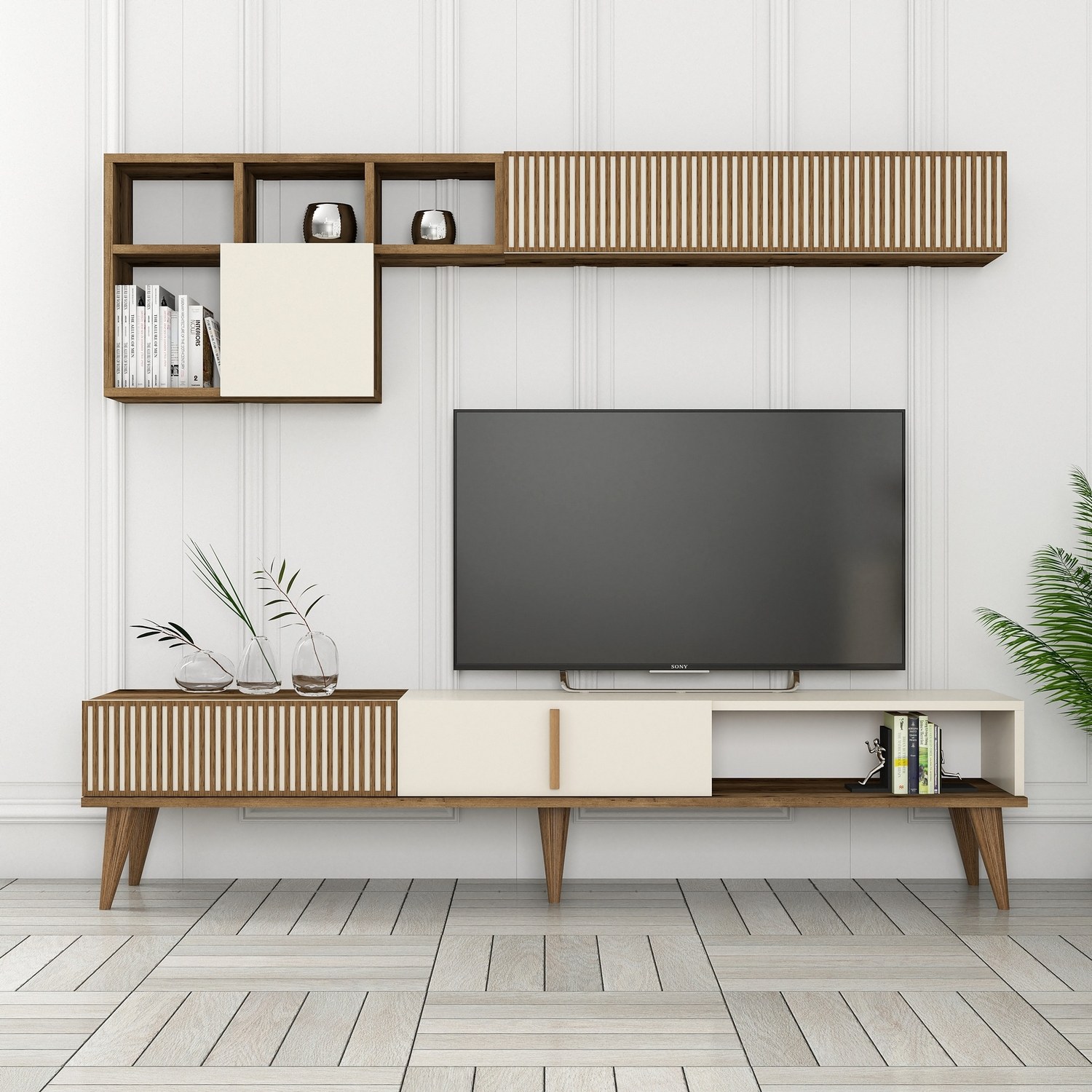 Milan lowboard with wall shelf walnut brown cream