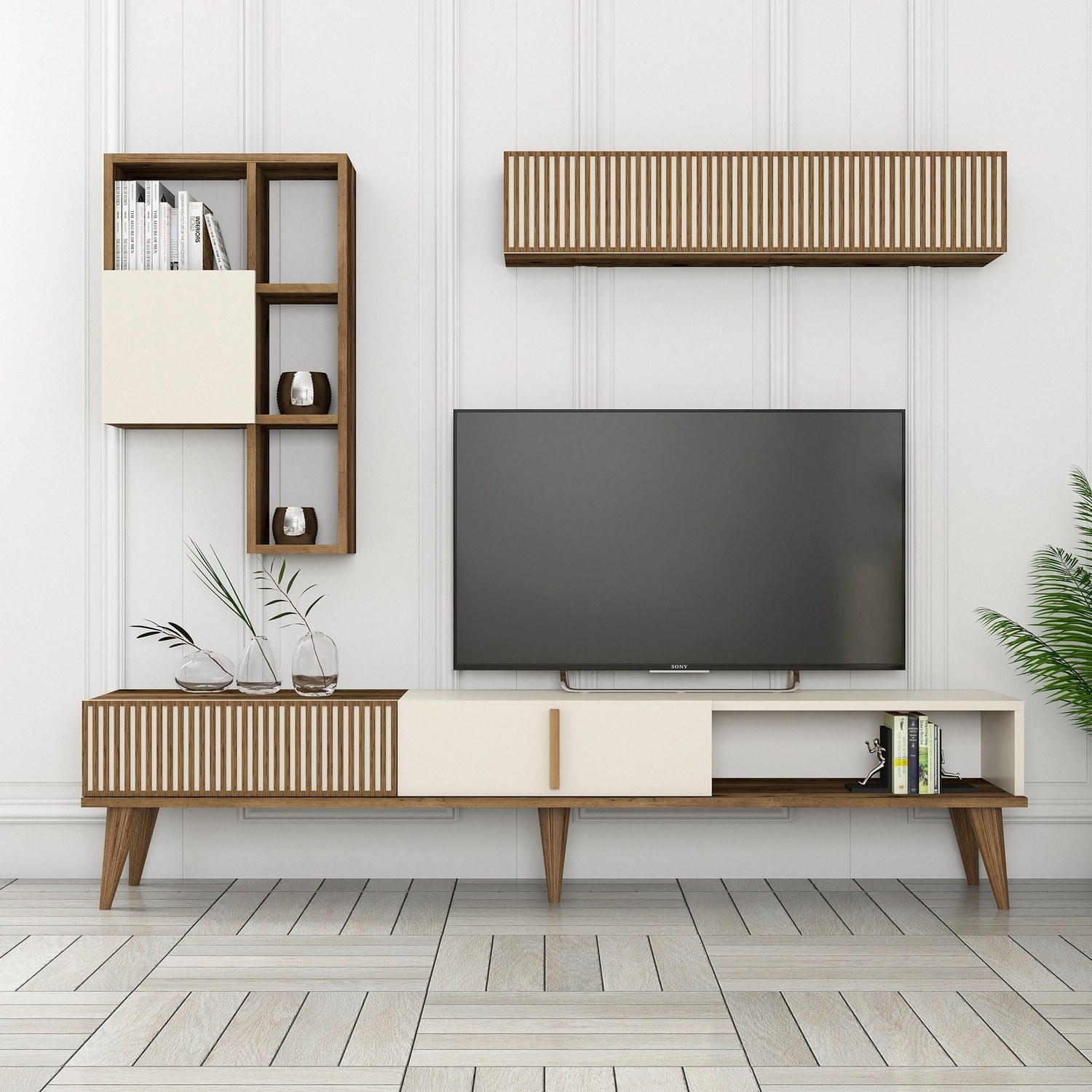 Milan lowboard with wall shelf walnut brown cream