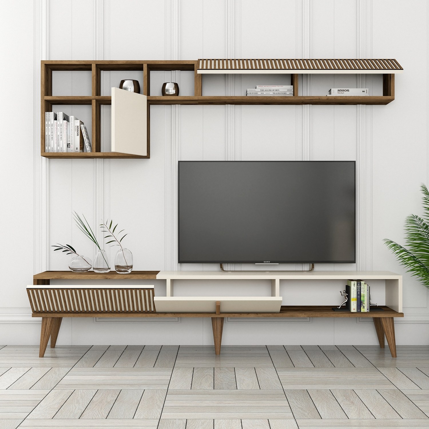 Milan lowboard with wall shelf walnut brown cream