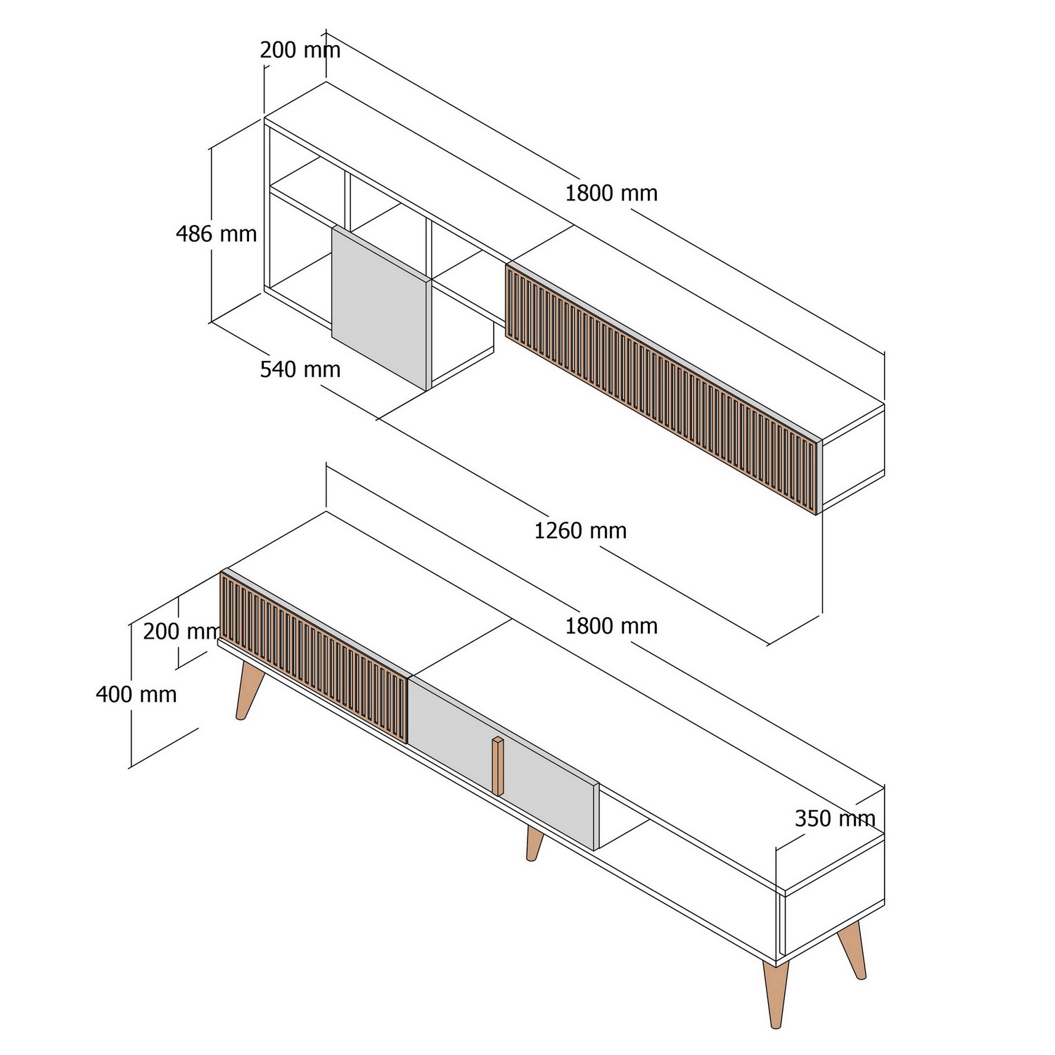 Milan lowboard with wall shelf walnut brown cream