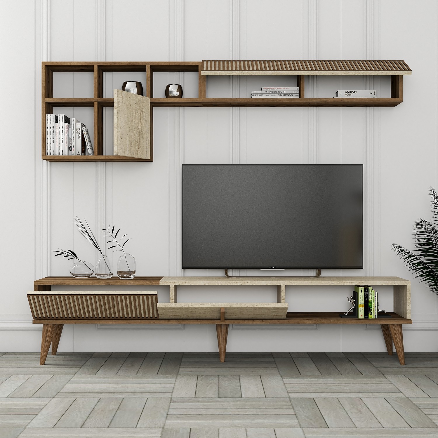 Milan lowboard with wall shelf walnut brown cream