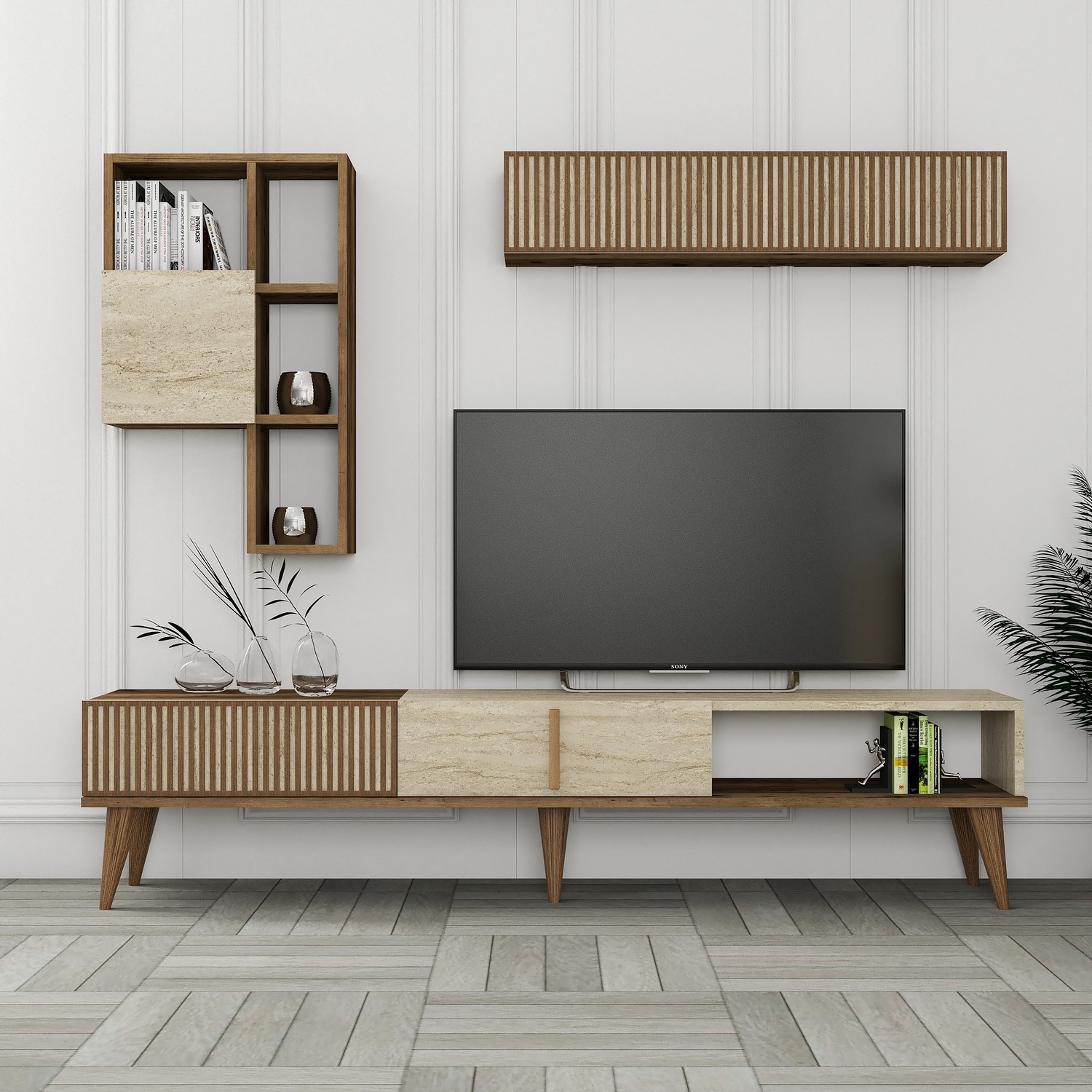 Milan lowboard with wall shelf walnut brown cream