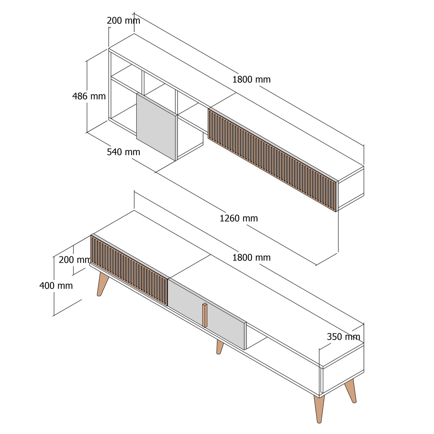 Milan lowboard with wall shelf walnut brown cream