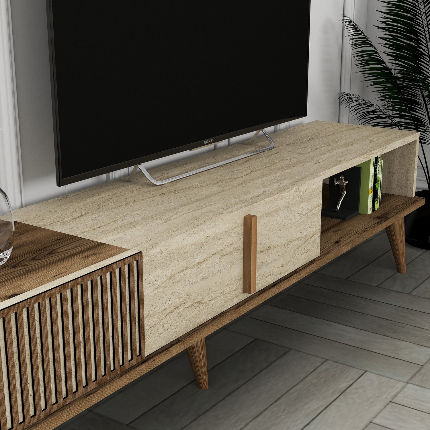 Milan lowboard with wall shelf walnut brown cream