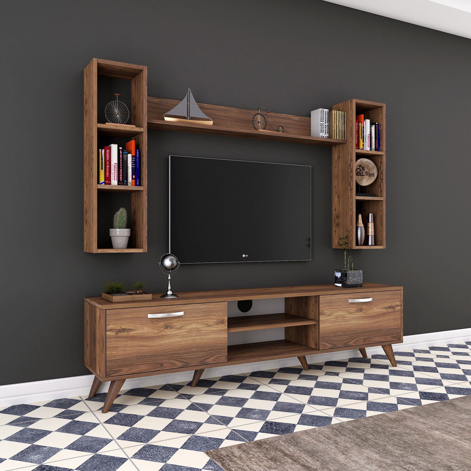 Lowboard with wall shelf walnut brown