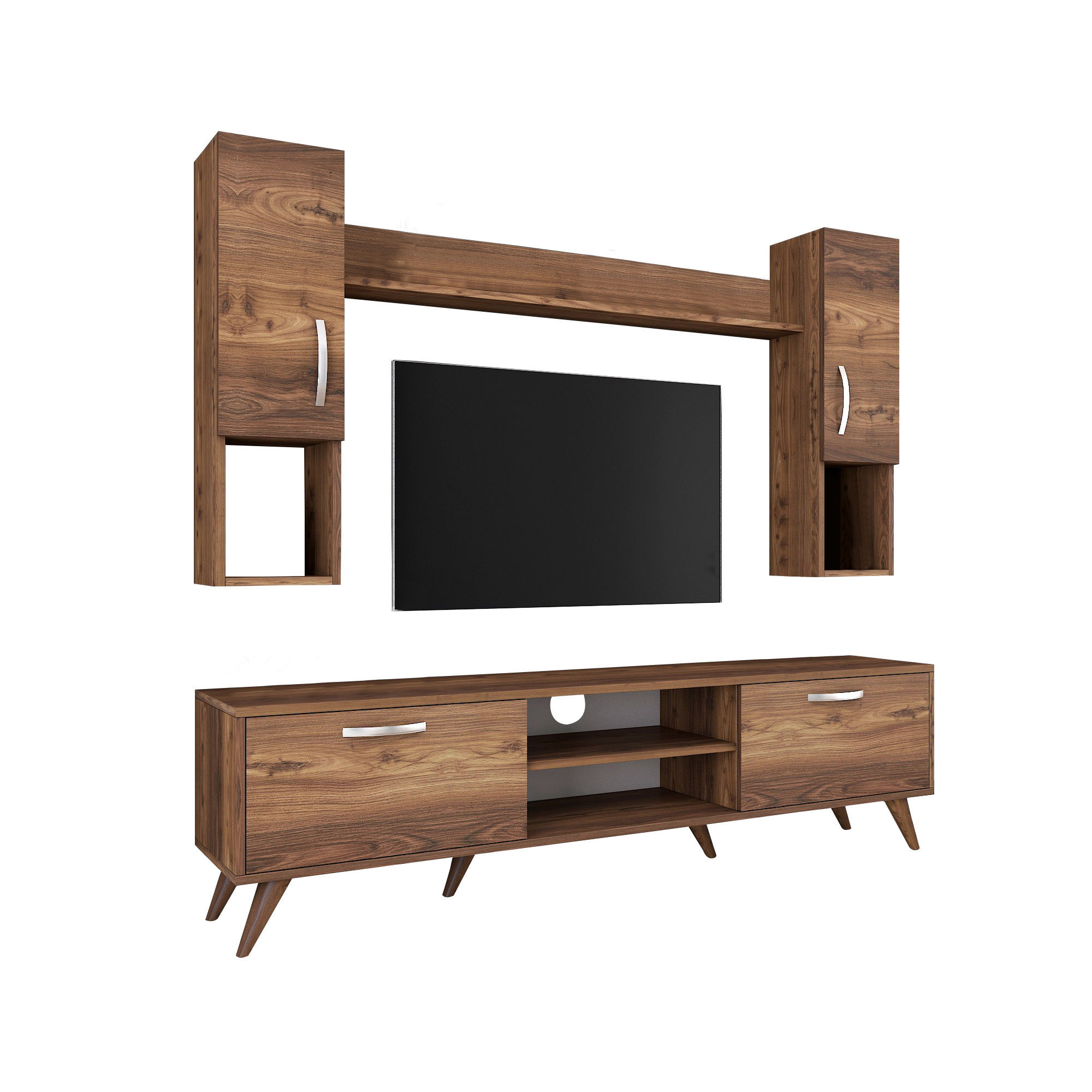 Lowboard with wall shelf with doors walnut brown
