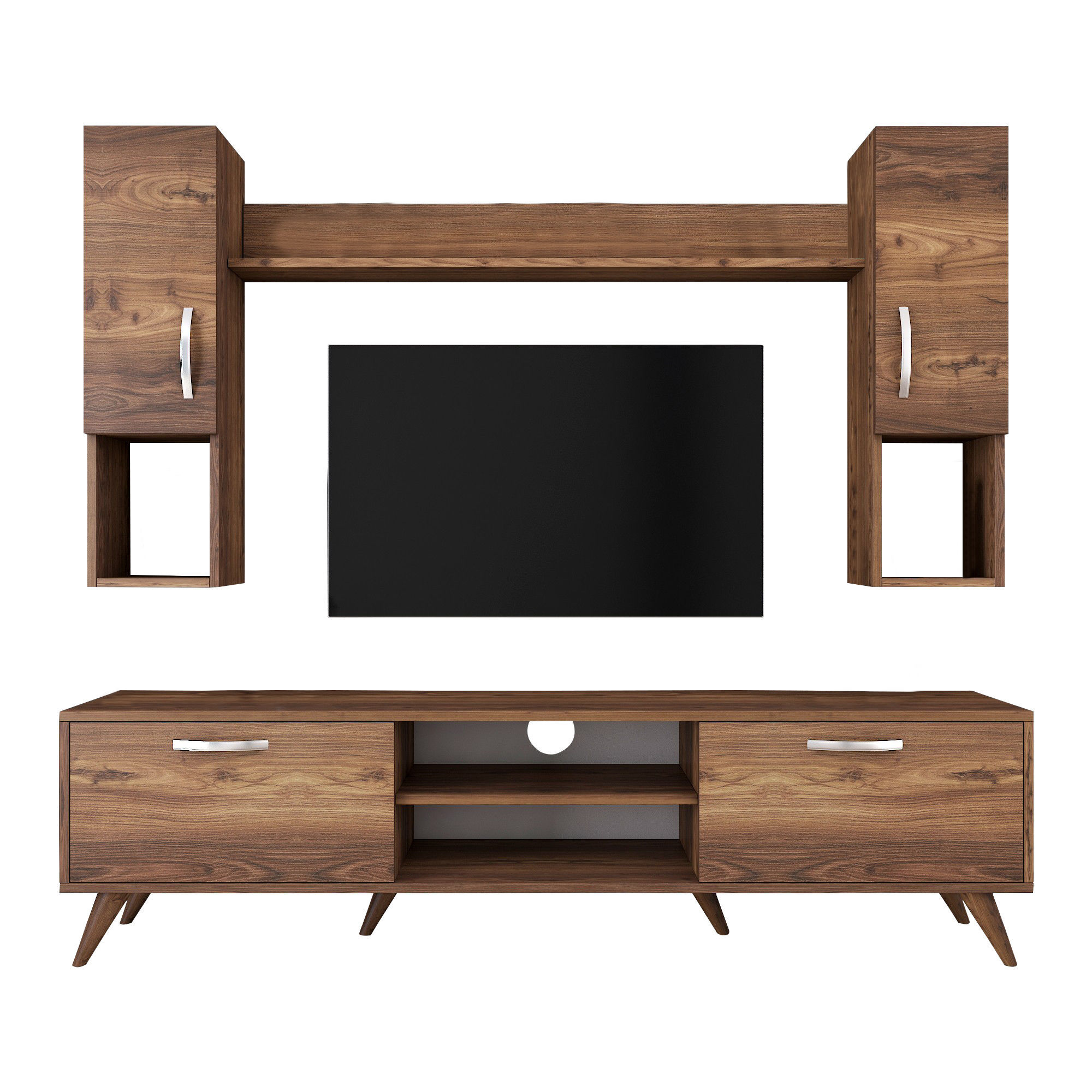 Lowboard with wall shelf with doors walnut brown