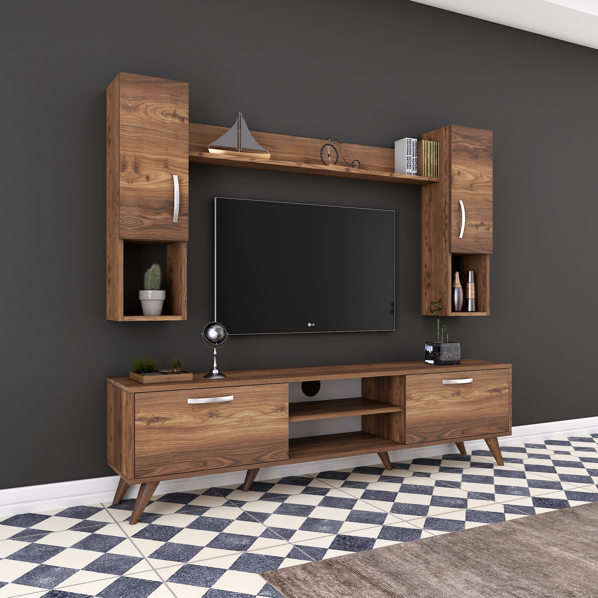 Lowboard with wall shelf with doors walnut brown