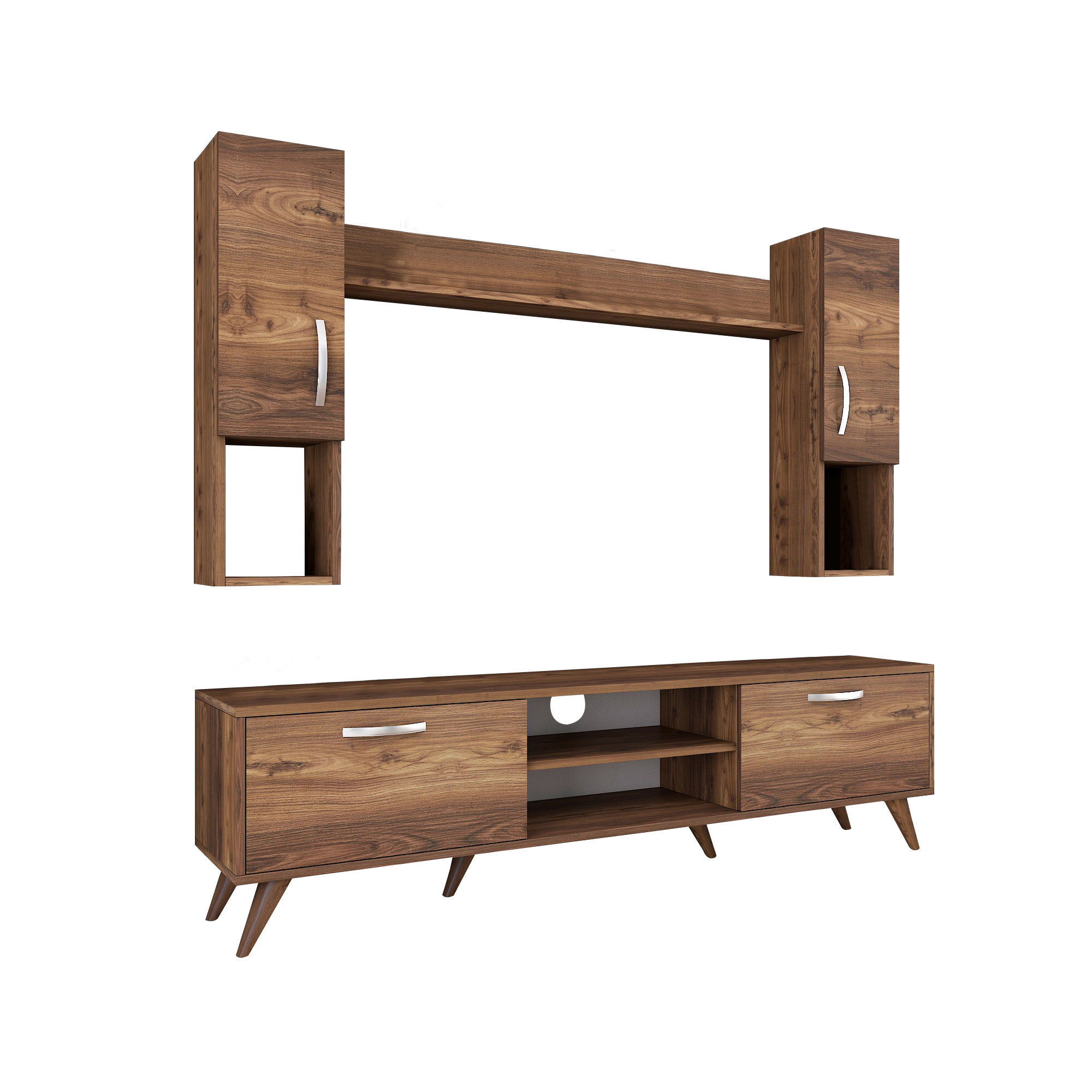 Lowboard with wall shelf with doors walnut brown