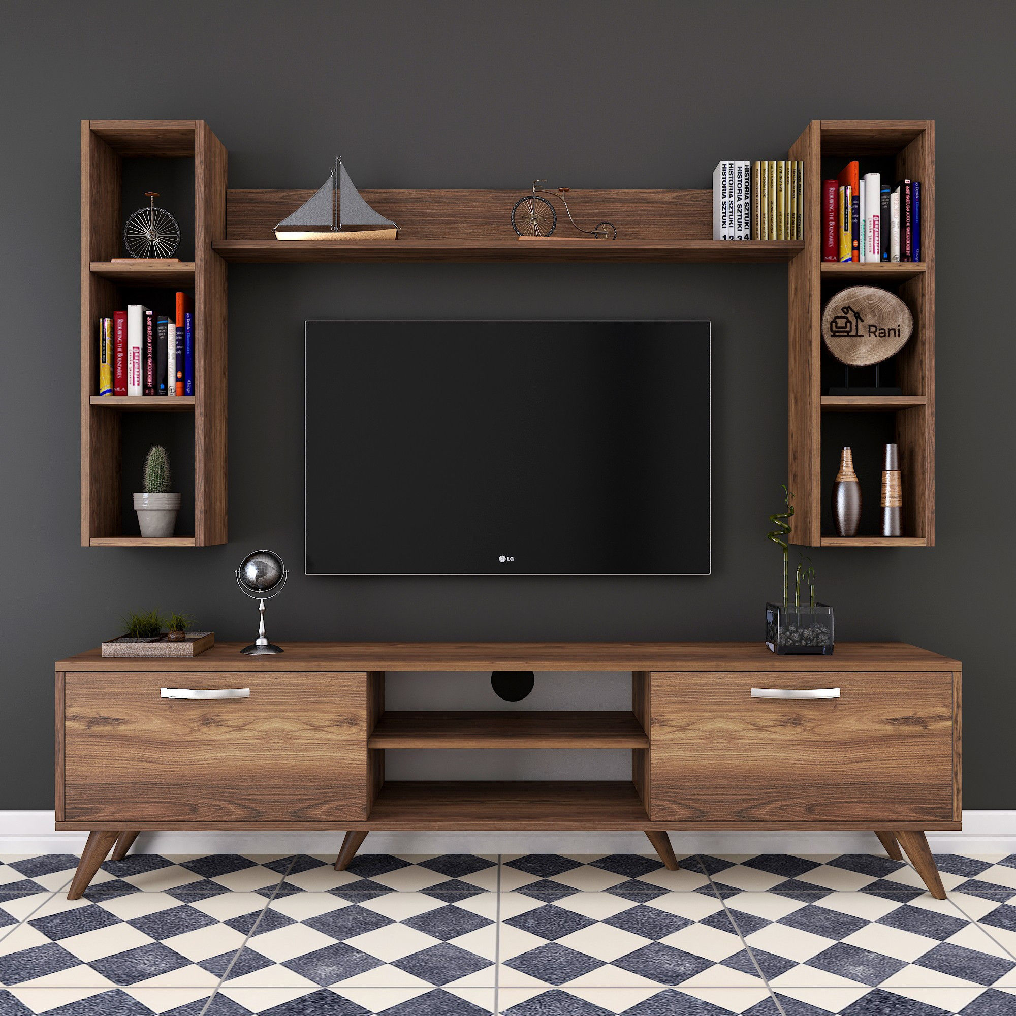 Lowboard with wall shelf walnut brown