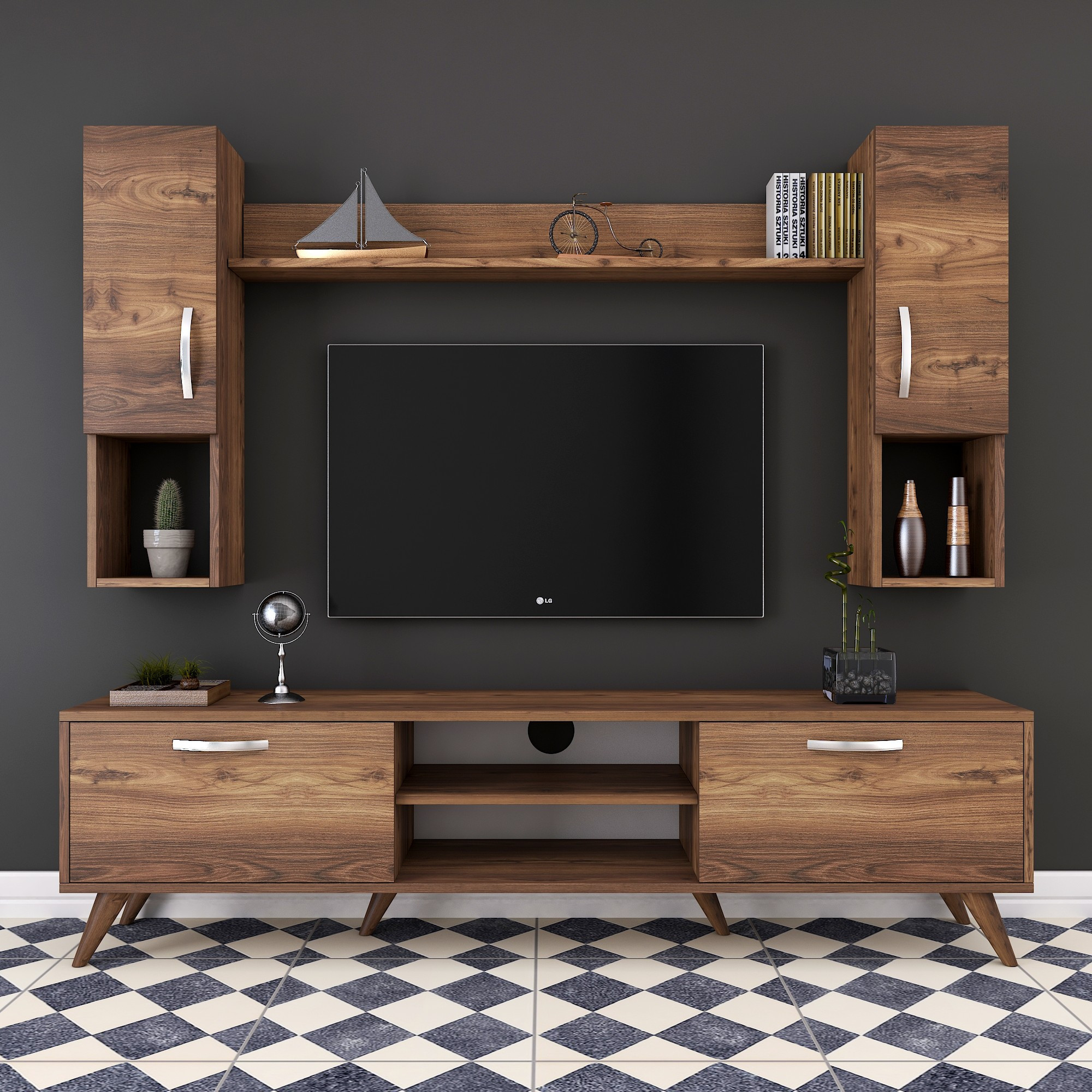 Lowboard with wall shelf with doors walnut brown