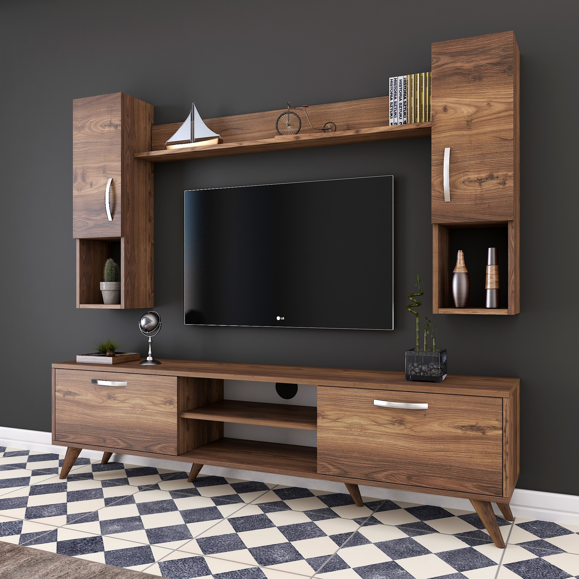 Lowboard with wall shelf with doors walnut brown