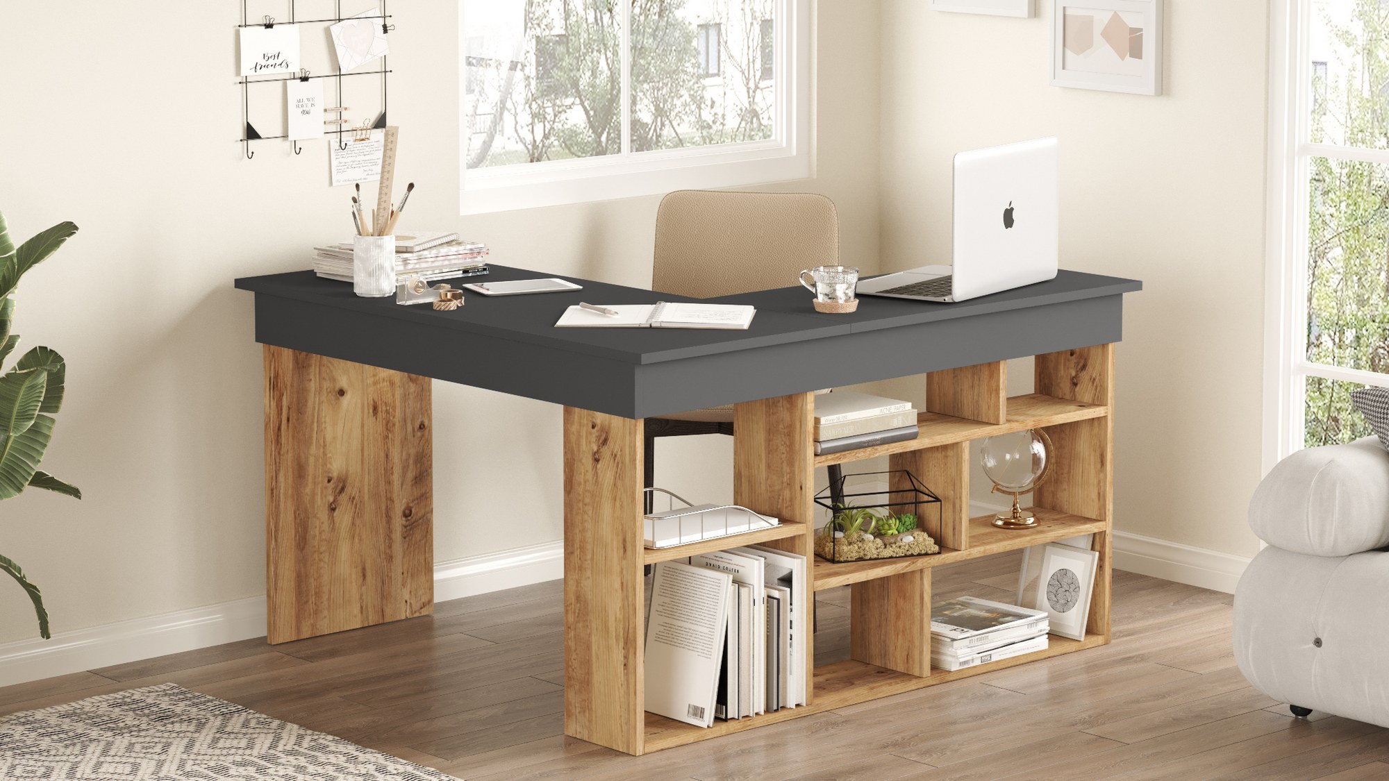 Corner desk with shelf Brown Black