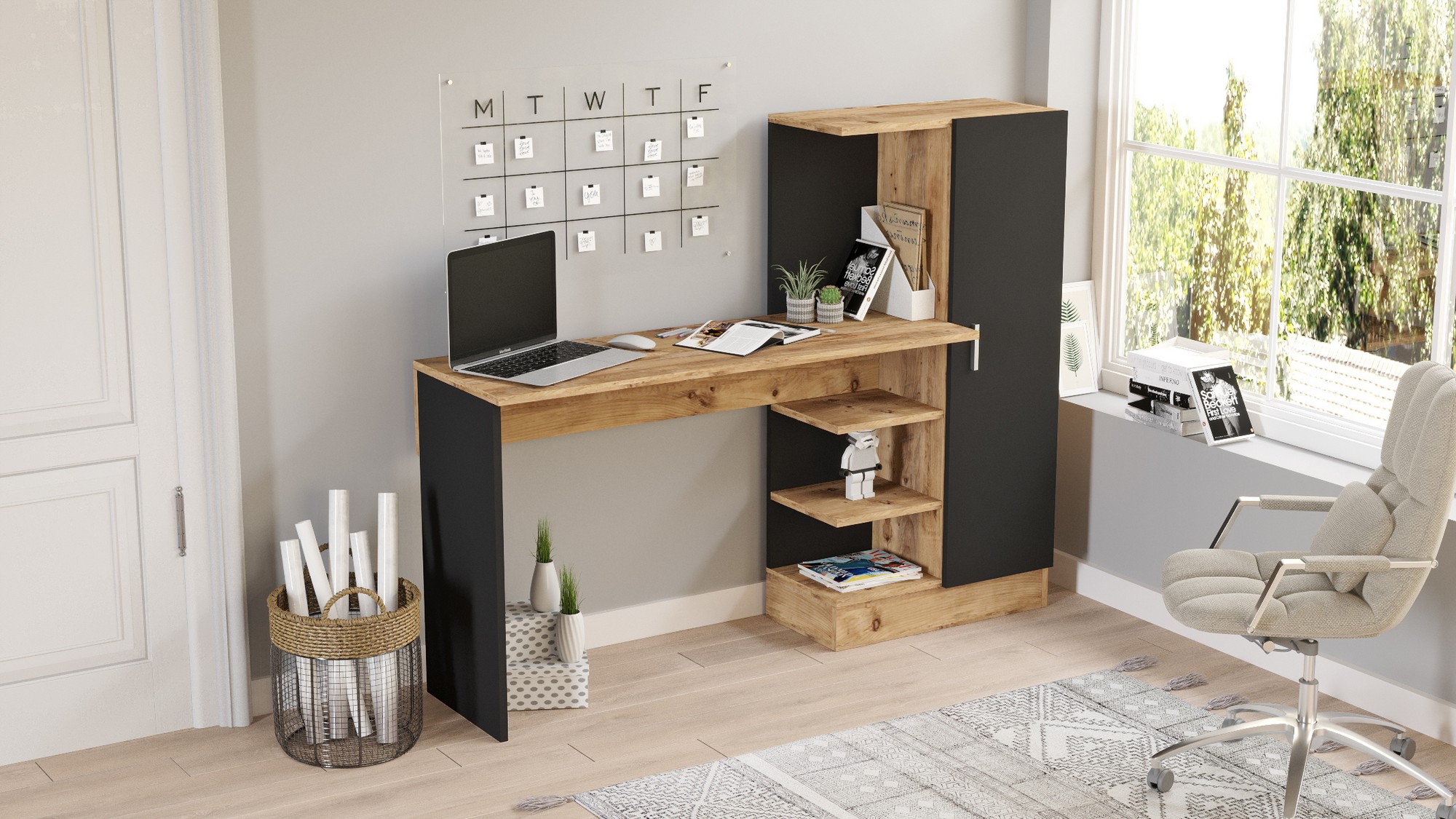 Desk with cabinet Brown Black