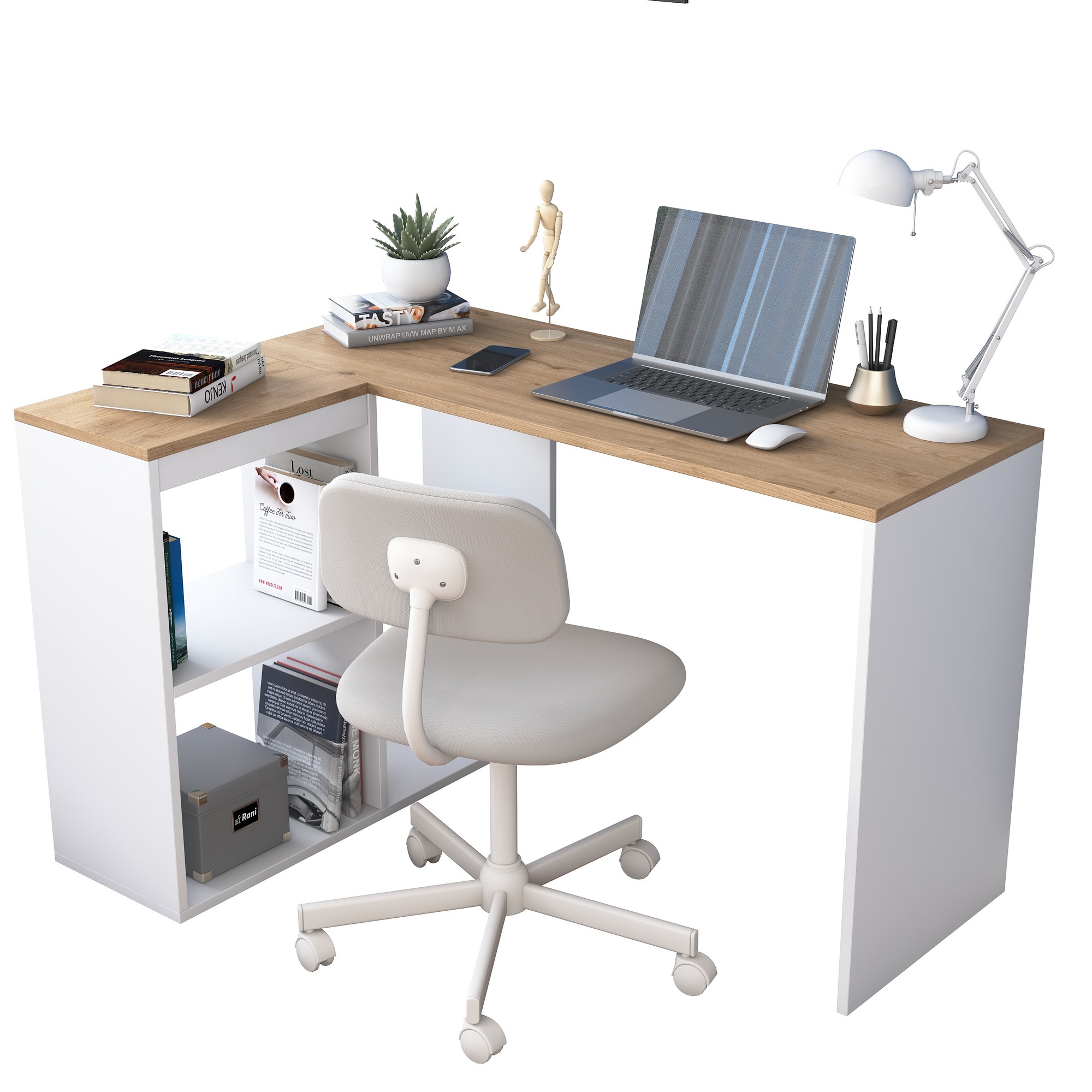 Corner desk with storage White Brown