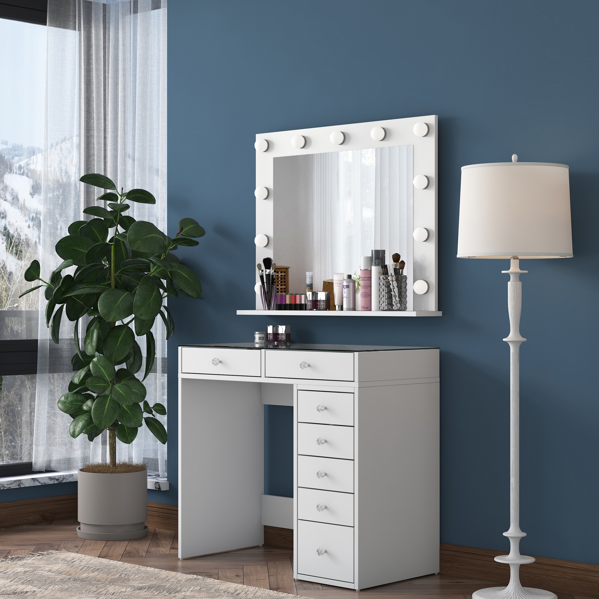 Dressing table with mirror and drawers White