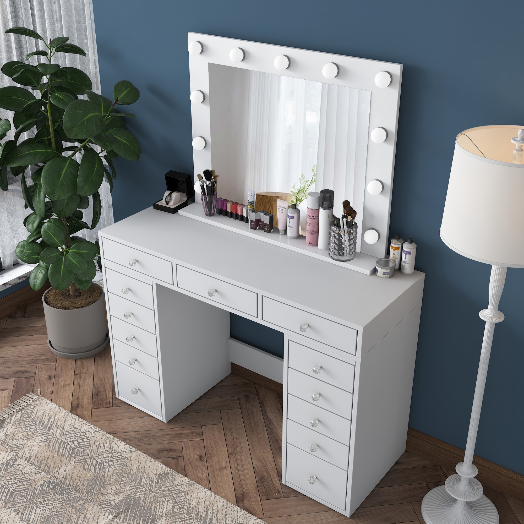 Dressing table with mirror and drawers White