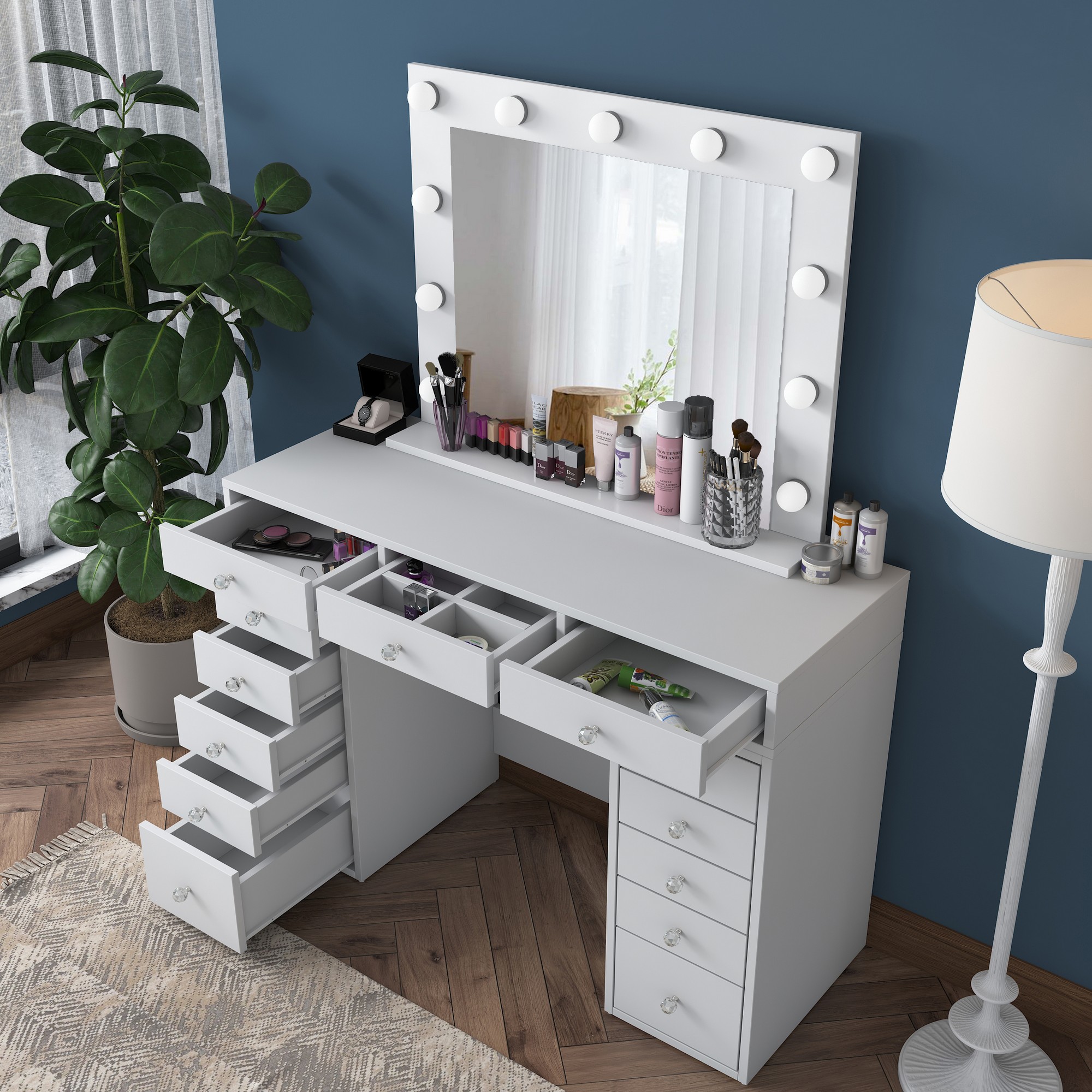 Dressing table with mirror and drawers White