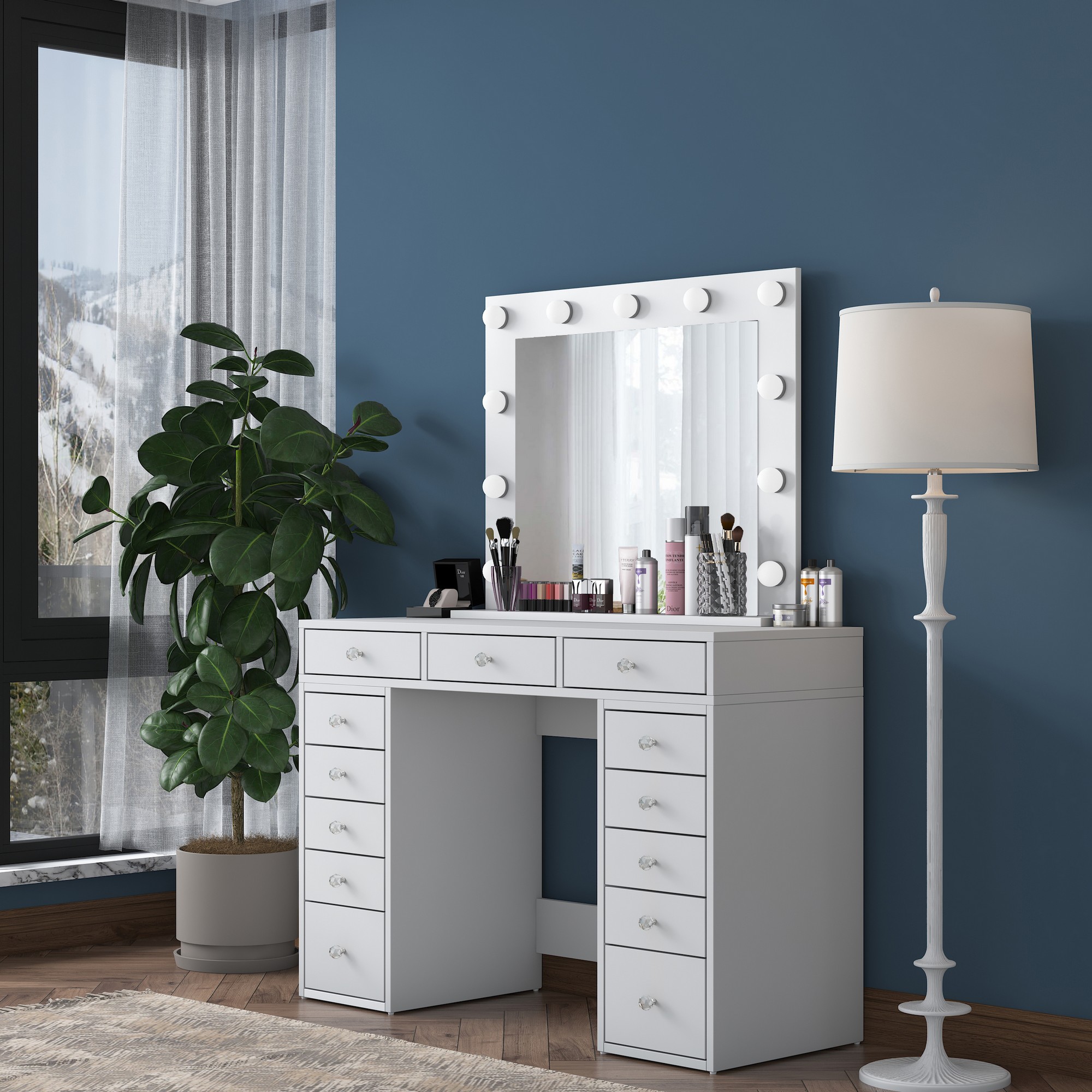 Dressing table with mirror and drawers White
