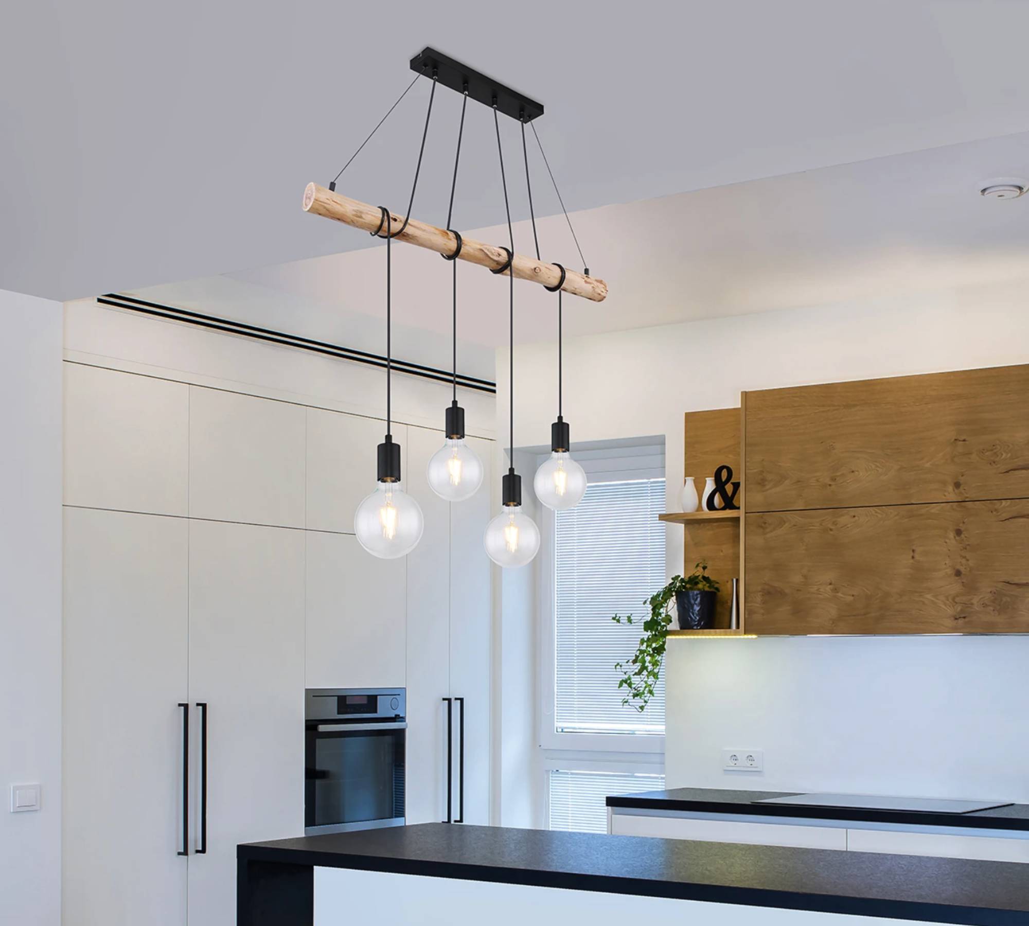 4-Flammige Pendelleuchte Eucalyptus Massivholz Eisen Schwarz