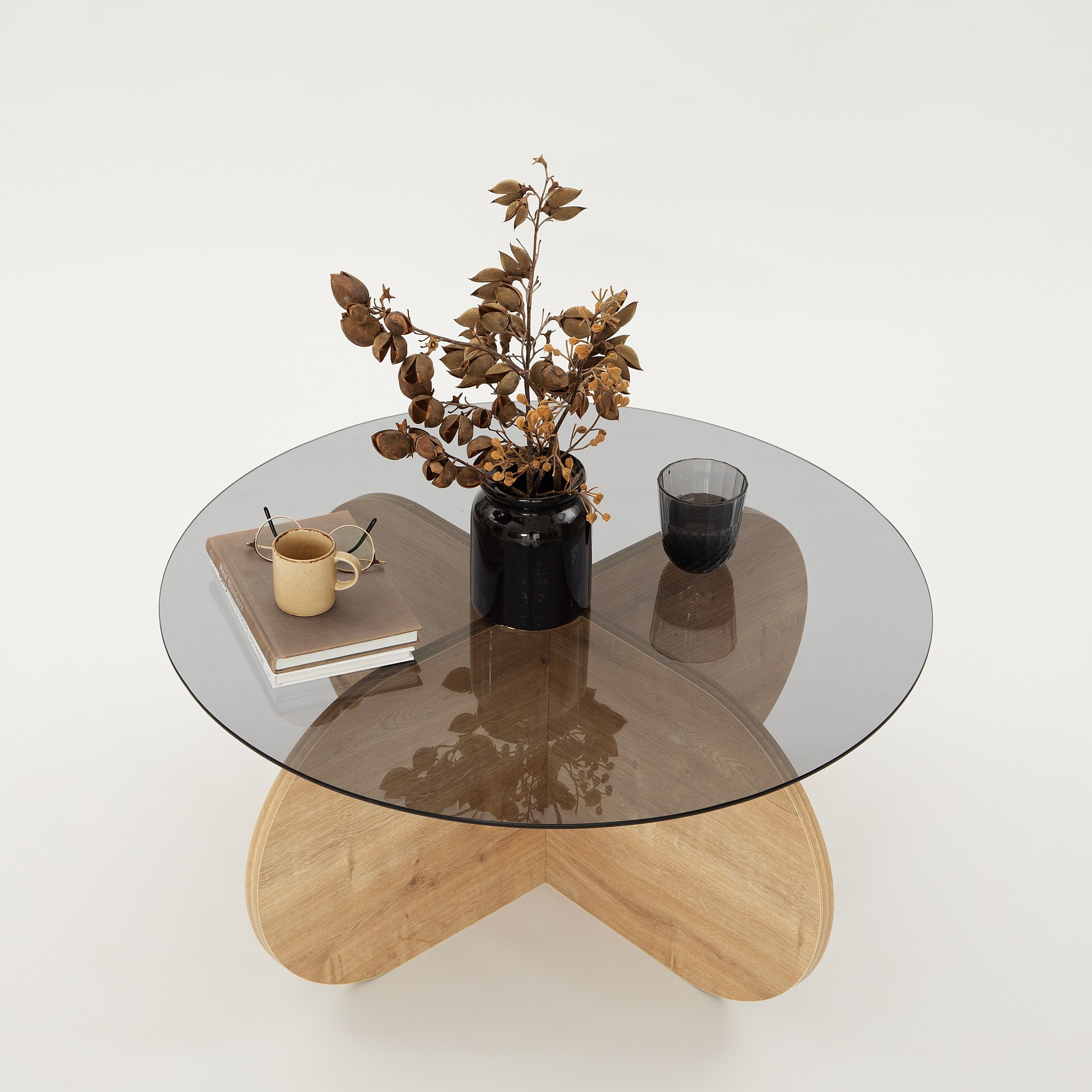 Bubble Coffee table Safety glass Tinted Oak brown Ø75cm