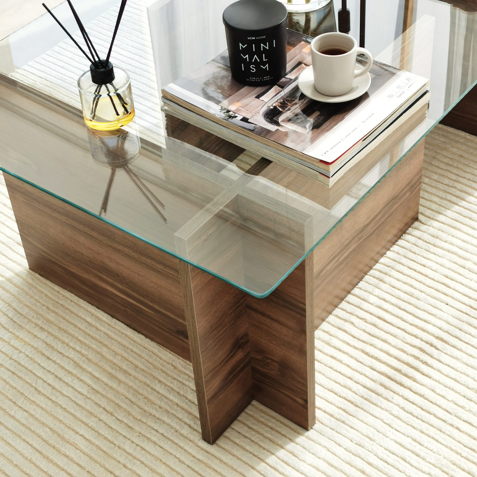 New Escape Coffee table Safety glass Walnut brown