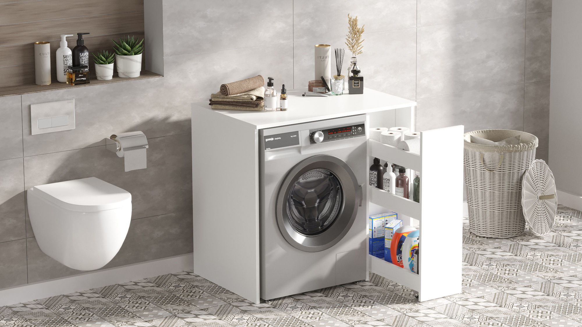 Washing machine cabinet with shelf White 94.5cm x 88.3cm