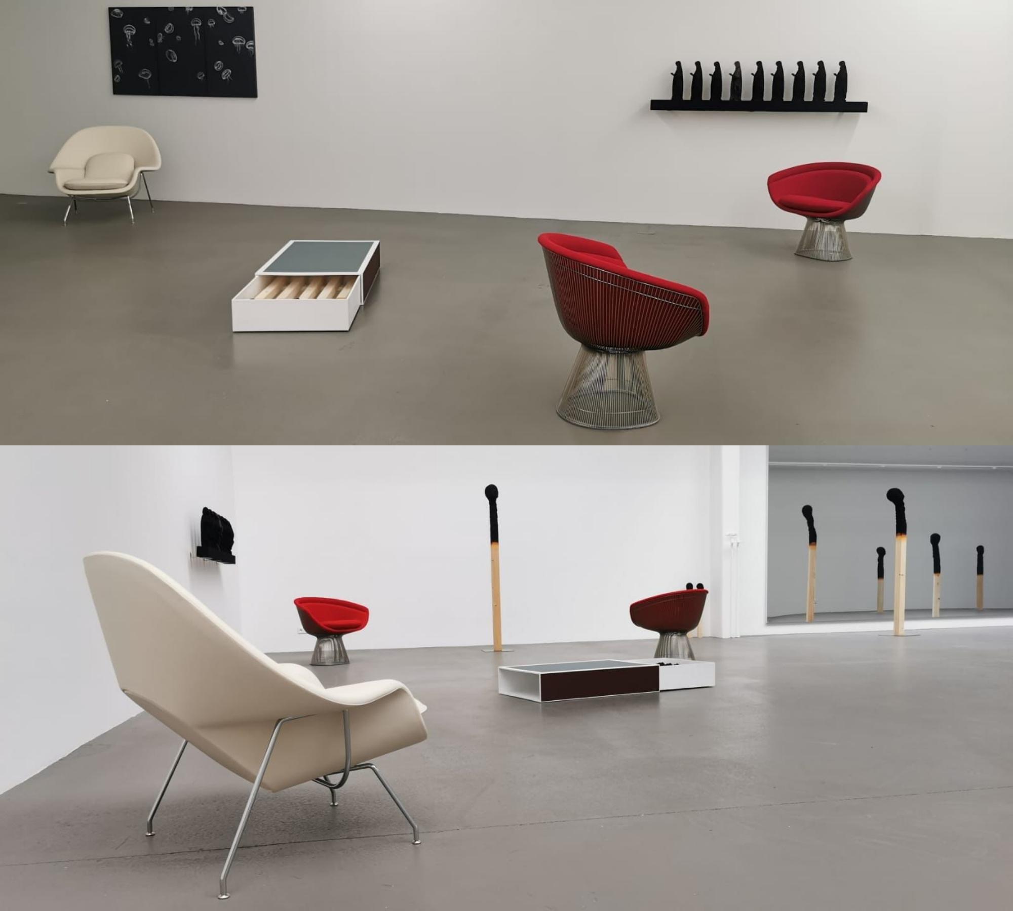 Platner Lounge Chair aus Stahl Bezug Rot