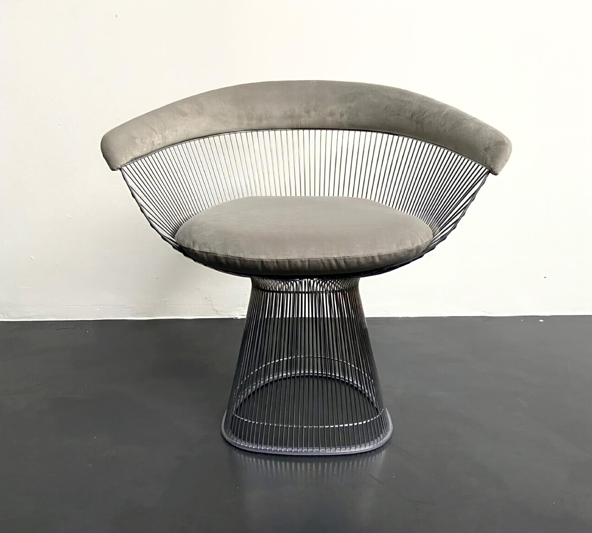 Platner Arm Chair aus Stahl in Silberoptik und Grauem Samt
