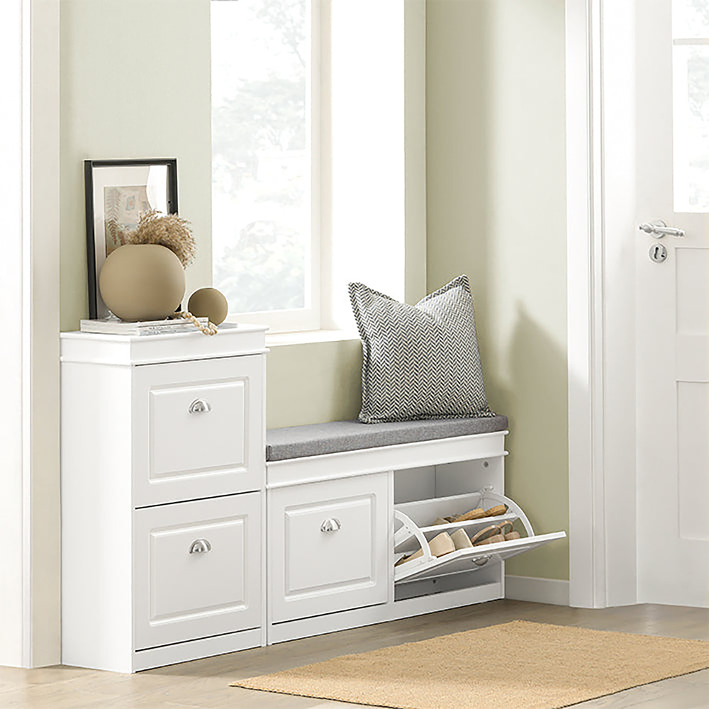 Estha I Shoe cabinet Bench with seat cushion Wood White Gray