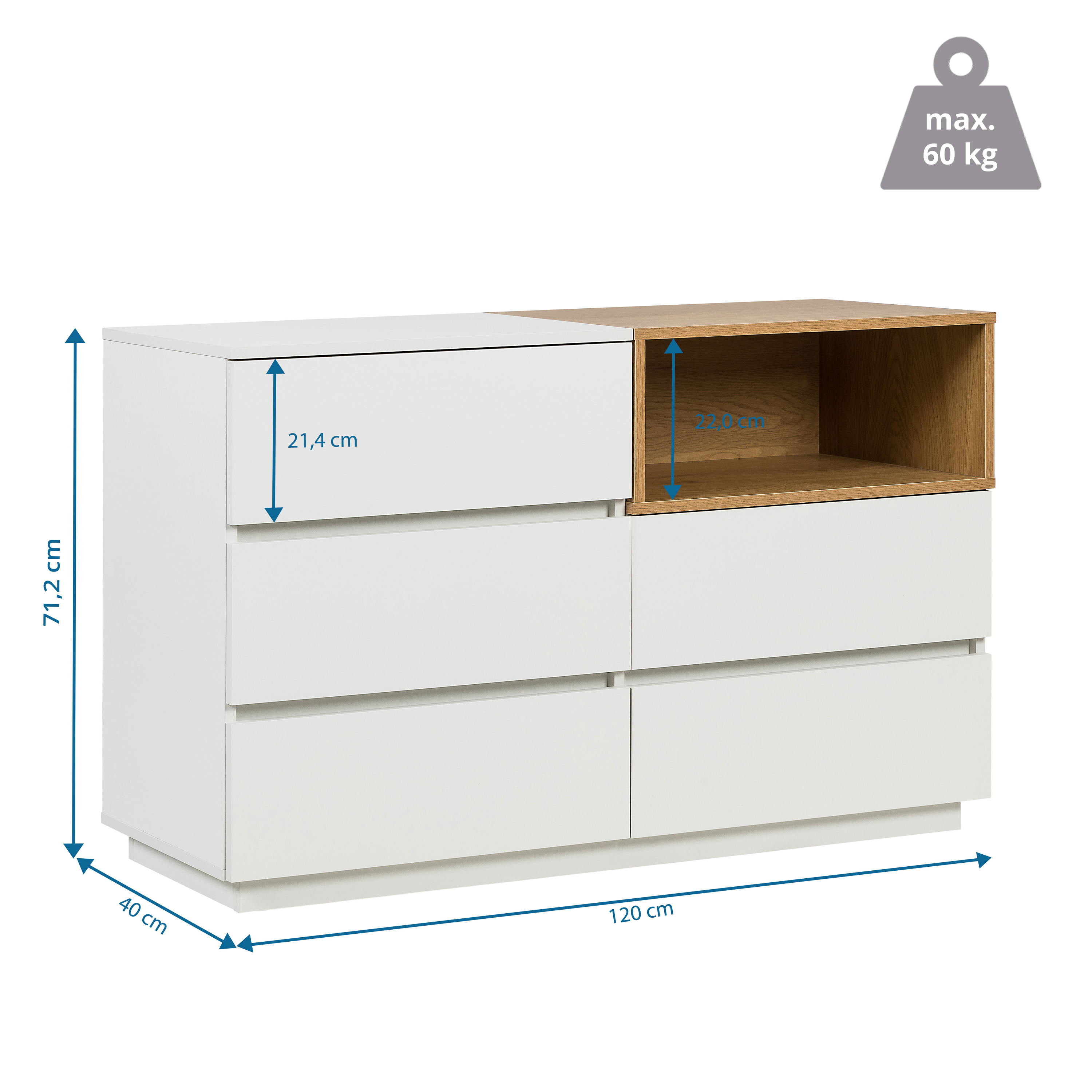Melmo S Sideboard con 5 cassetti Rovere Bianco