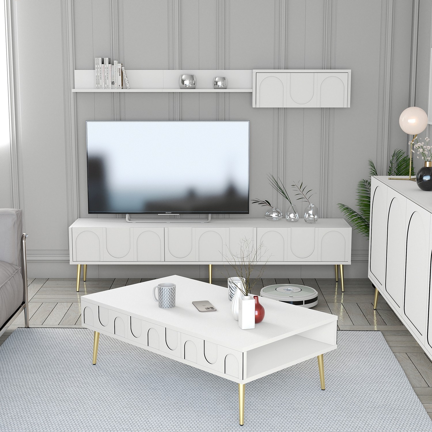 Lyon 3 Living room furniture set Wood veneer White Gold