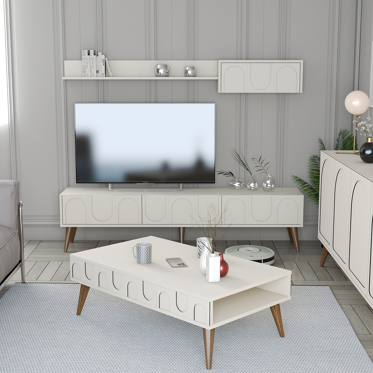 Lyon 3 Wohnzimmermöbel-Set Holzfurnier Creme Walnuss