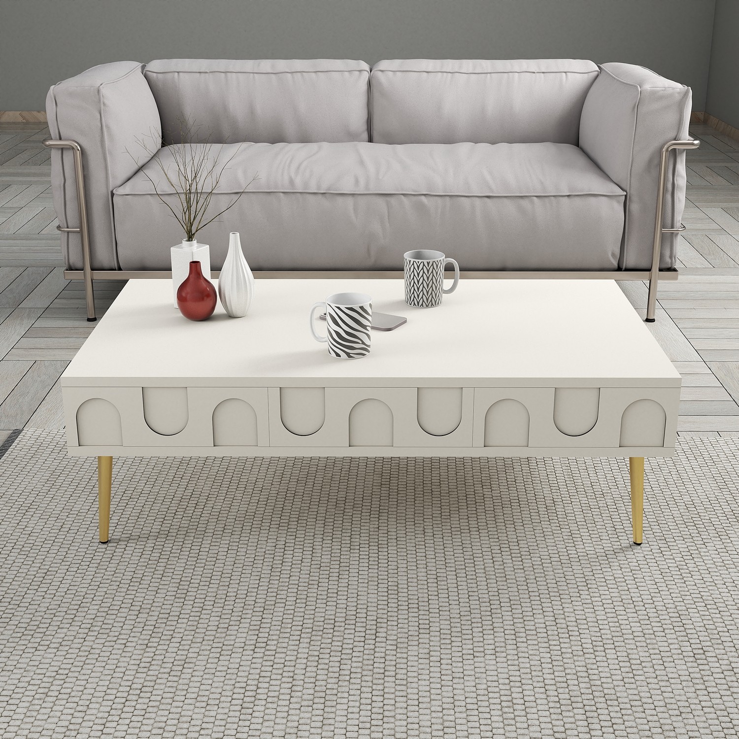 Lyon 3 Living room furniture set Wood veneer Cream Gold