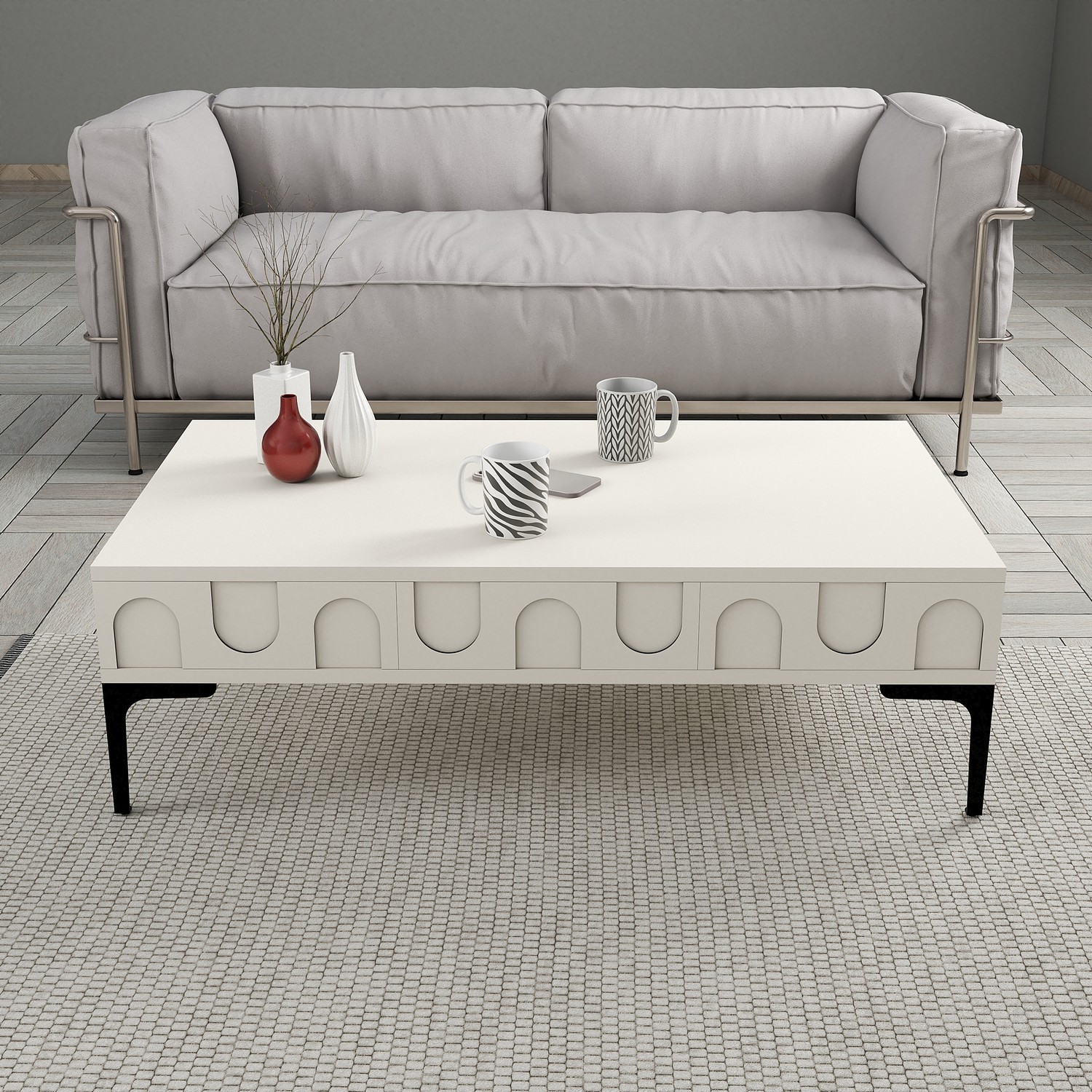 Lyon 3 Wohnzimmermöbel-Set Holzfurnier Creme Schwarz