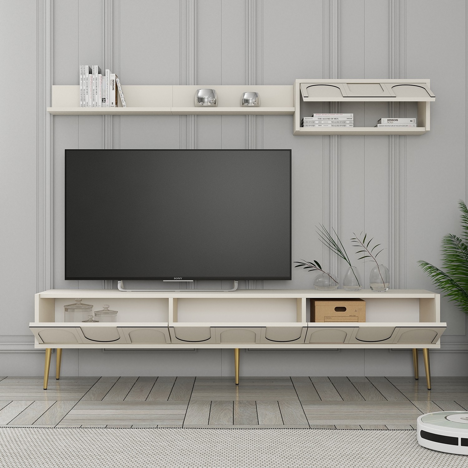 Lyon 2 TV cabinet wood veneer cream gold