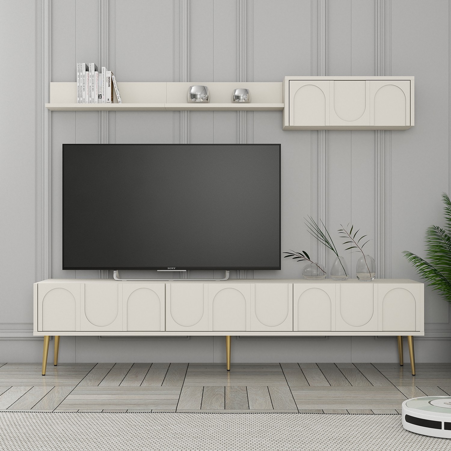 Lyon 2 TV cabinet wood veneer cream gold