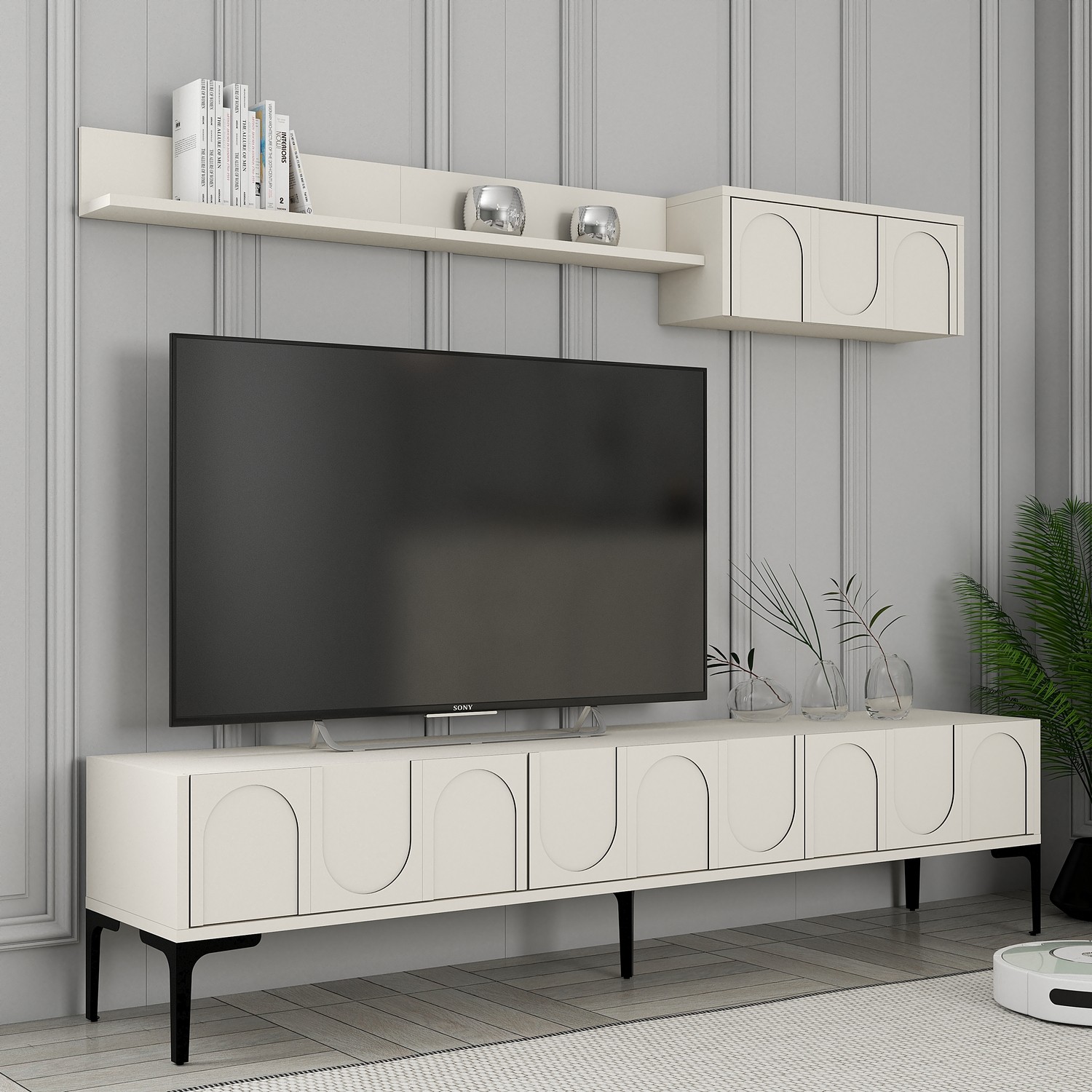 Lyon 2 TV cabinet wood veneer cream black
