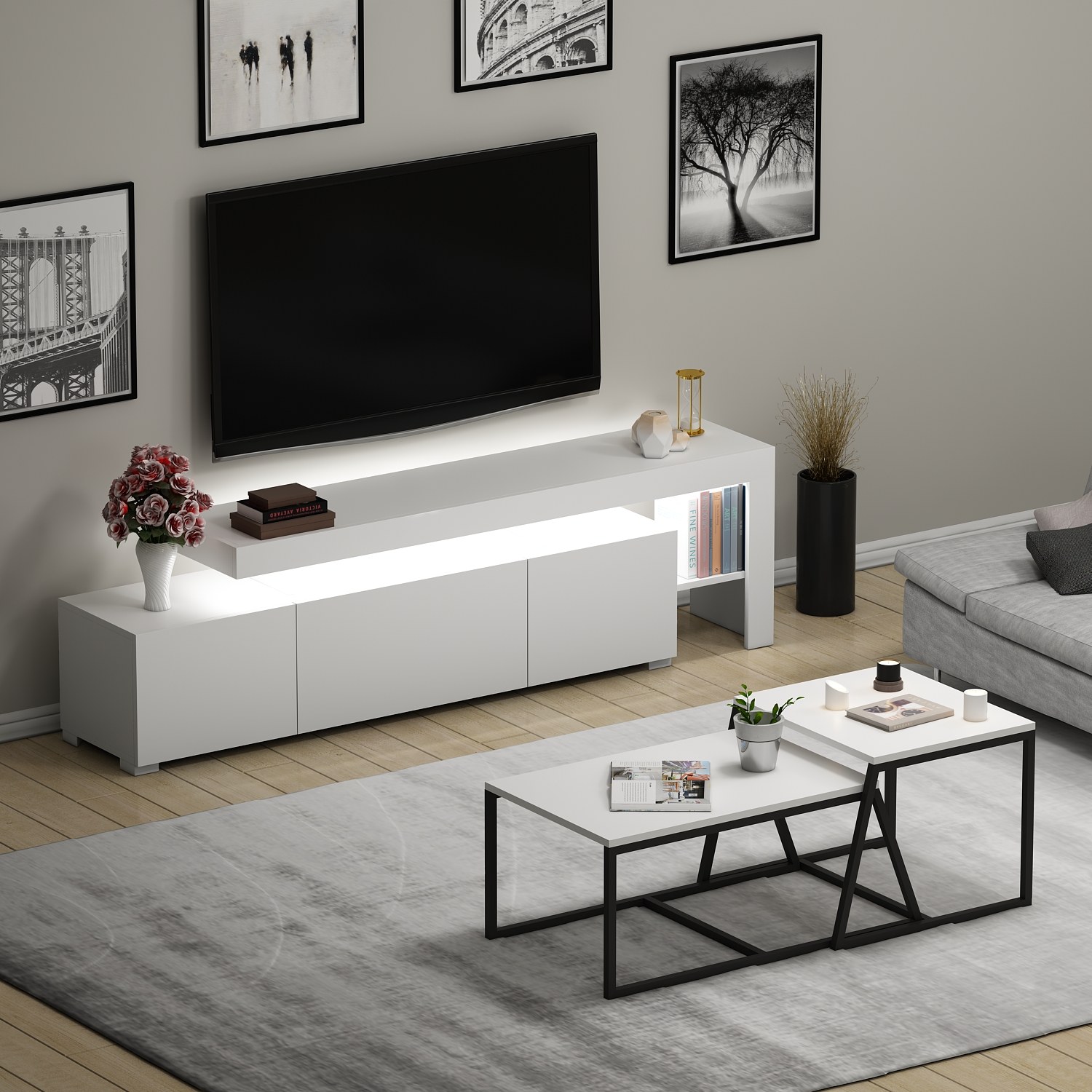 Beliz Living Room Furniture Set Wood Veneer White