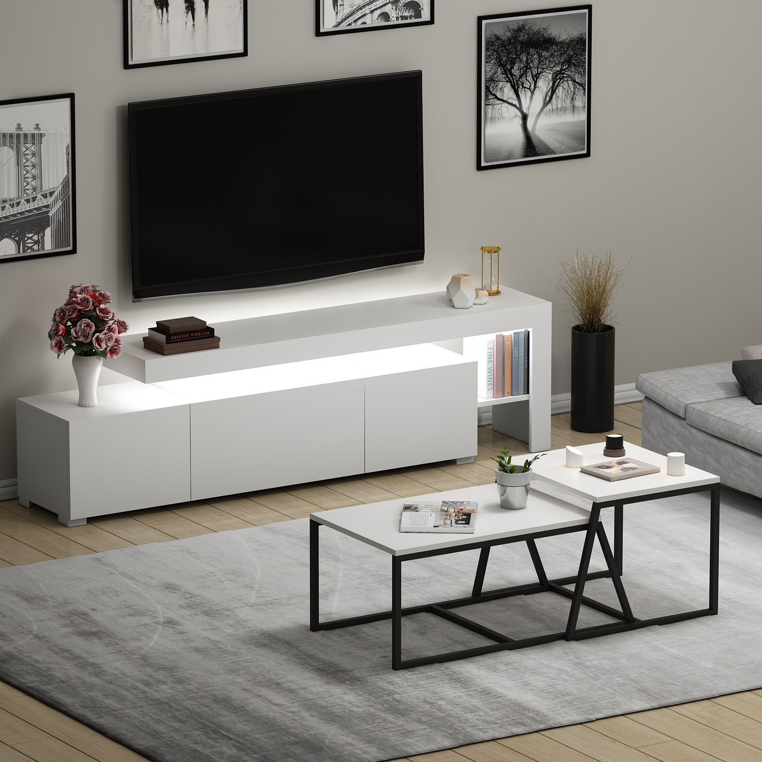 Beliz Living Room Furniture Set Wood Veneer White