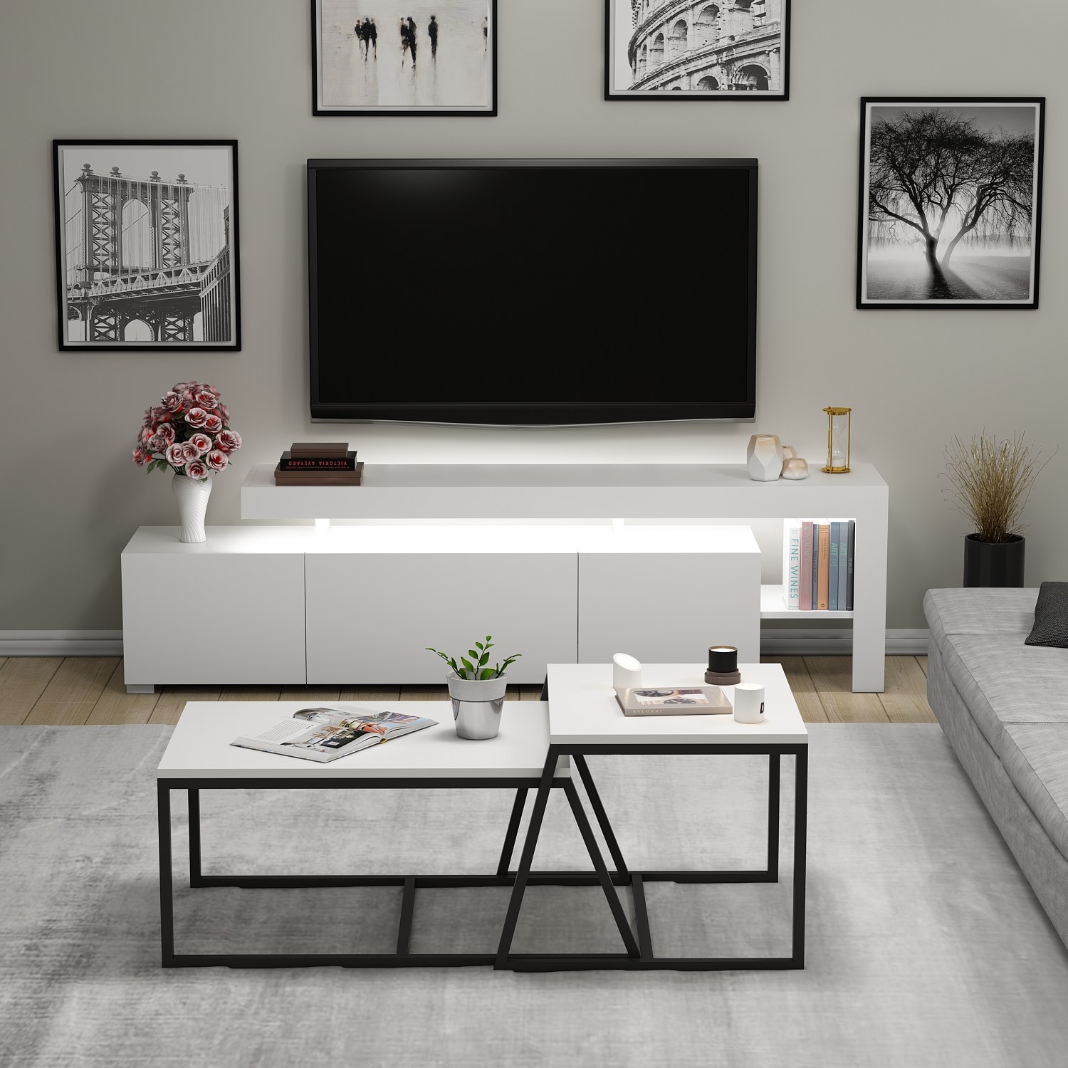Beliz Living Room Furniture Set Wood Veneer White